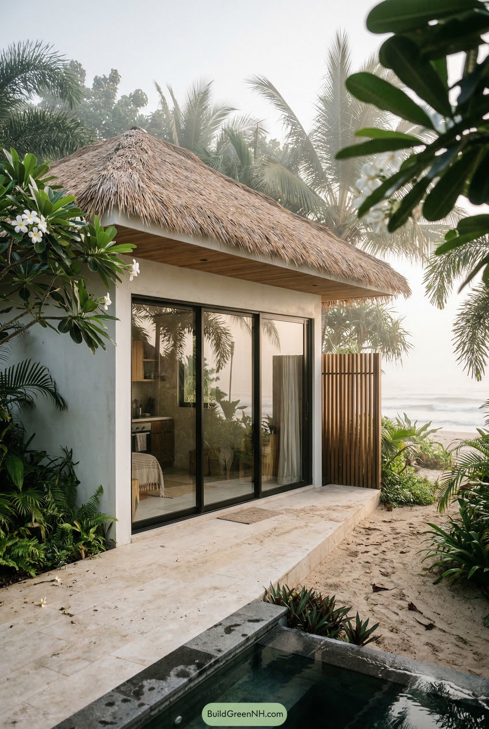 Tiny tropical beach house with thatched roof and plunge pool
