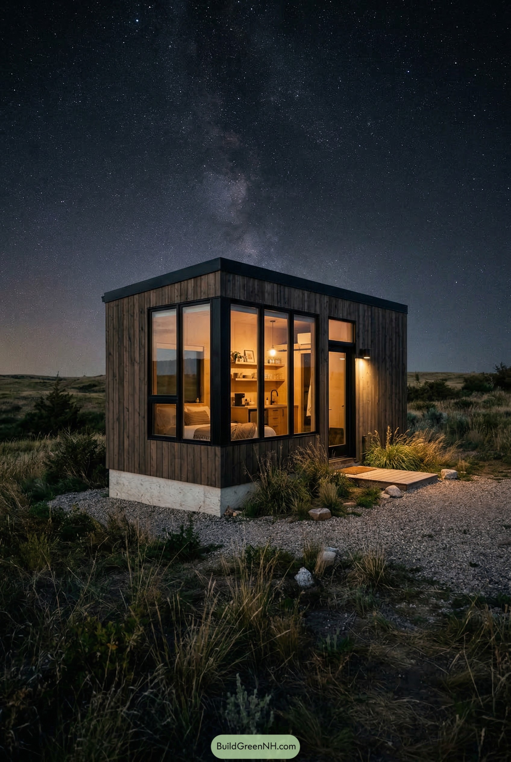 Wood clad tiny cabin under starry sky
