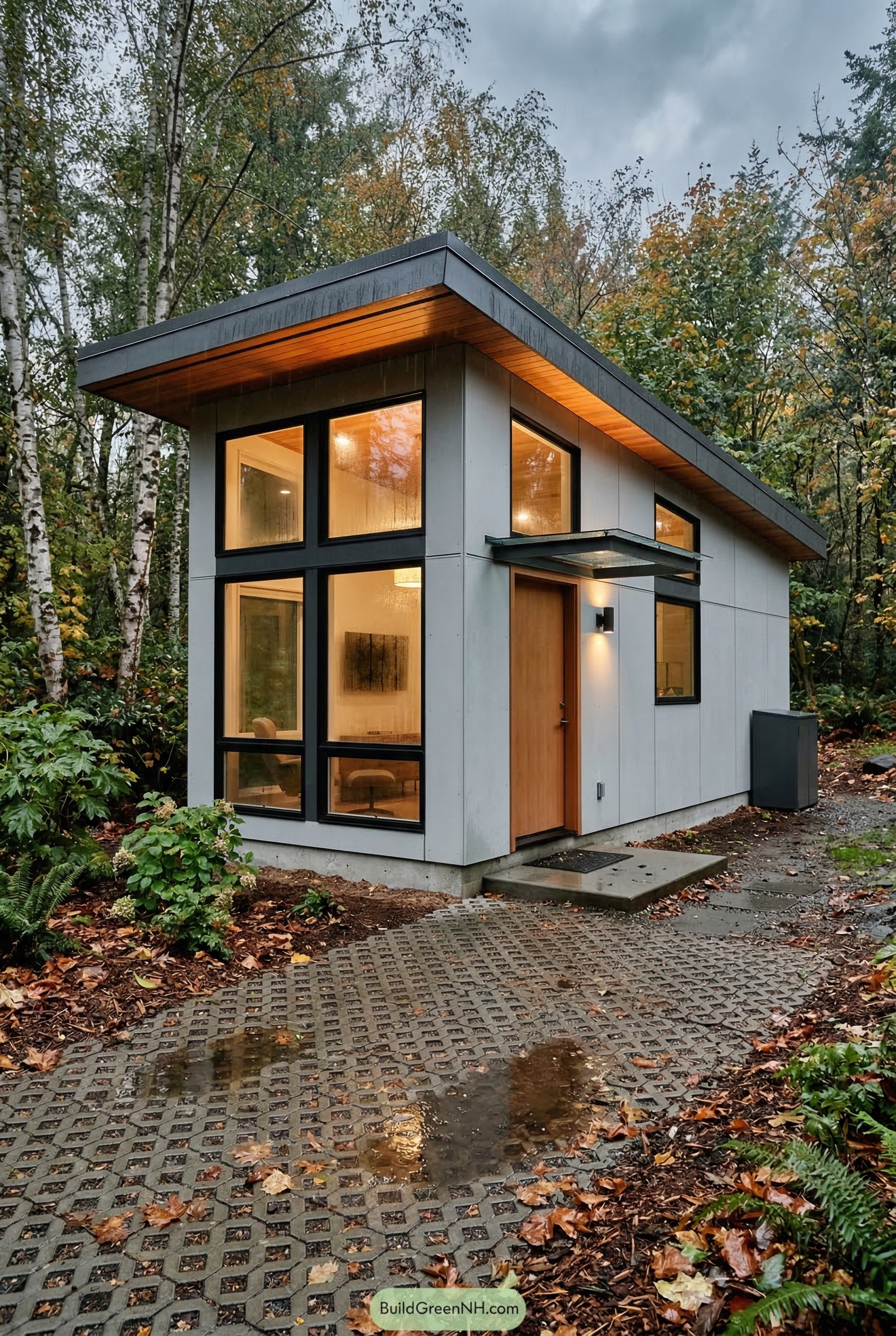 Modern tiny house in rainy woodland