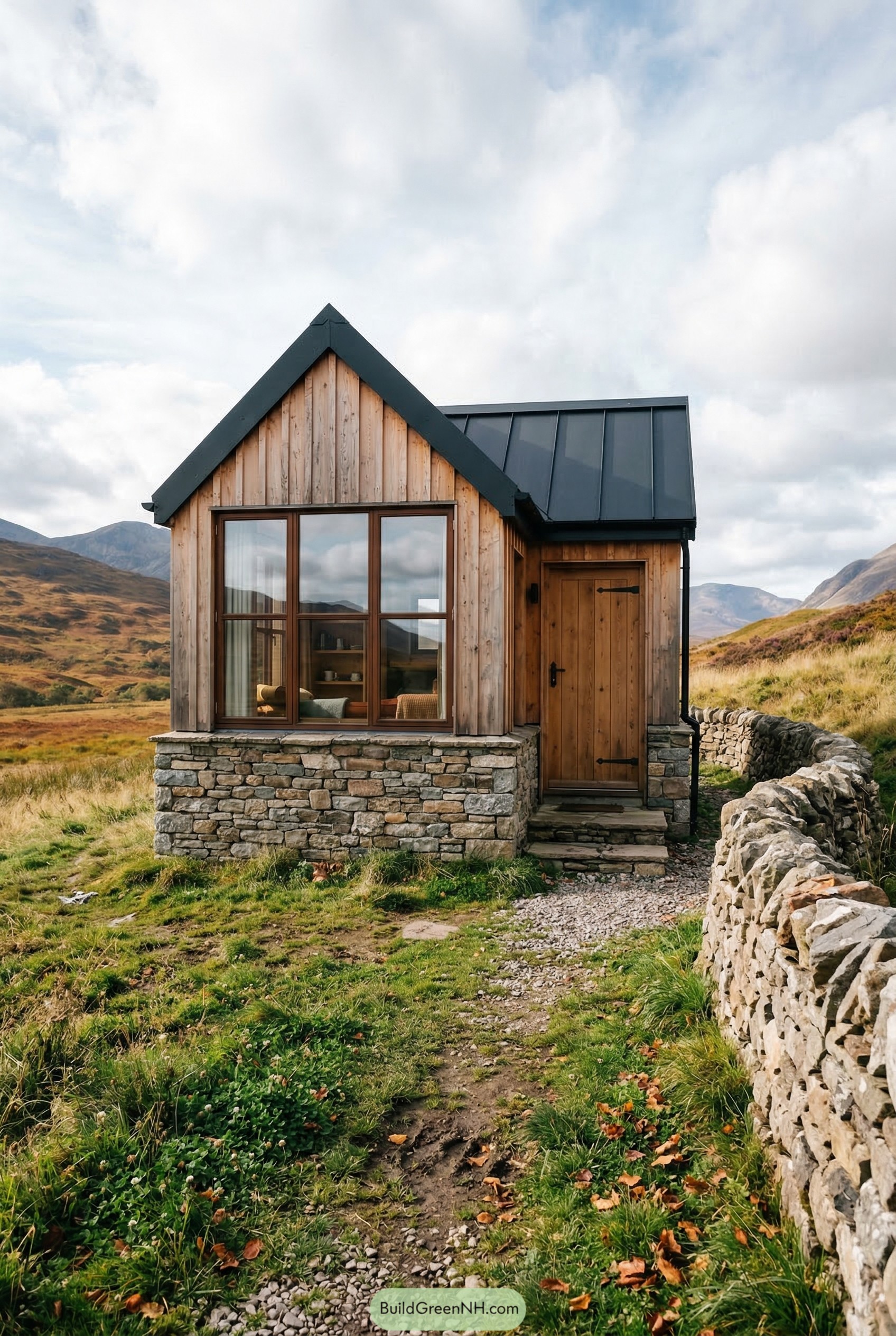 Rustic timber cabin with stone base in moorland