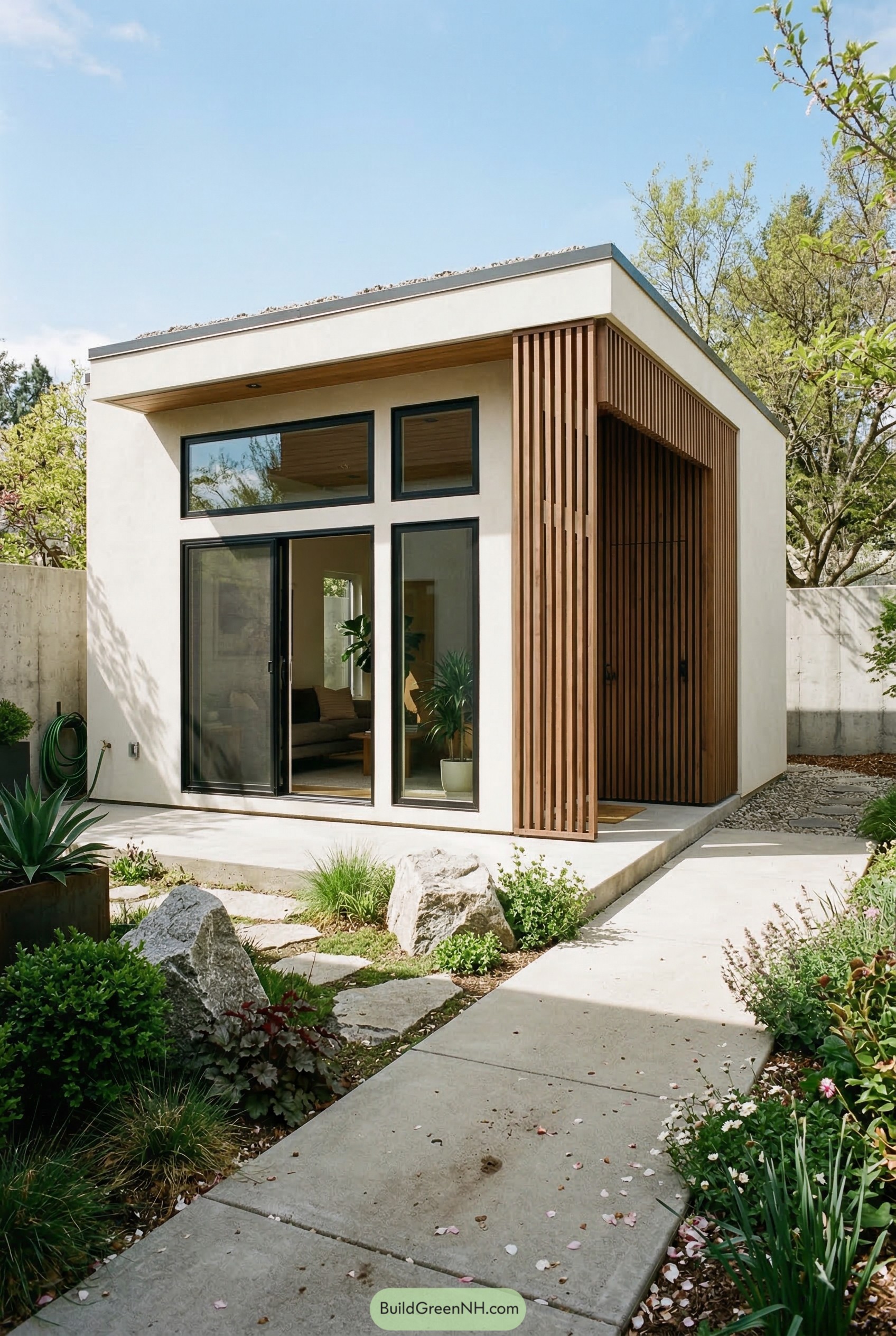 Modern white tiny house with wood slat entry