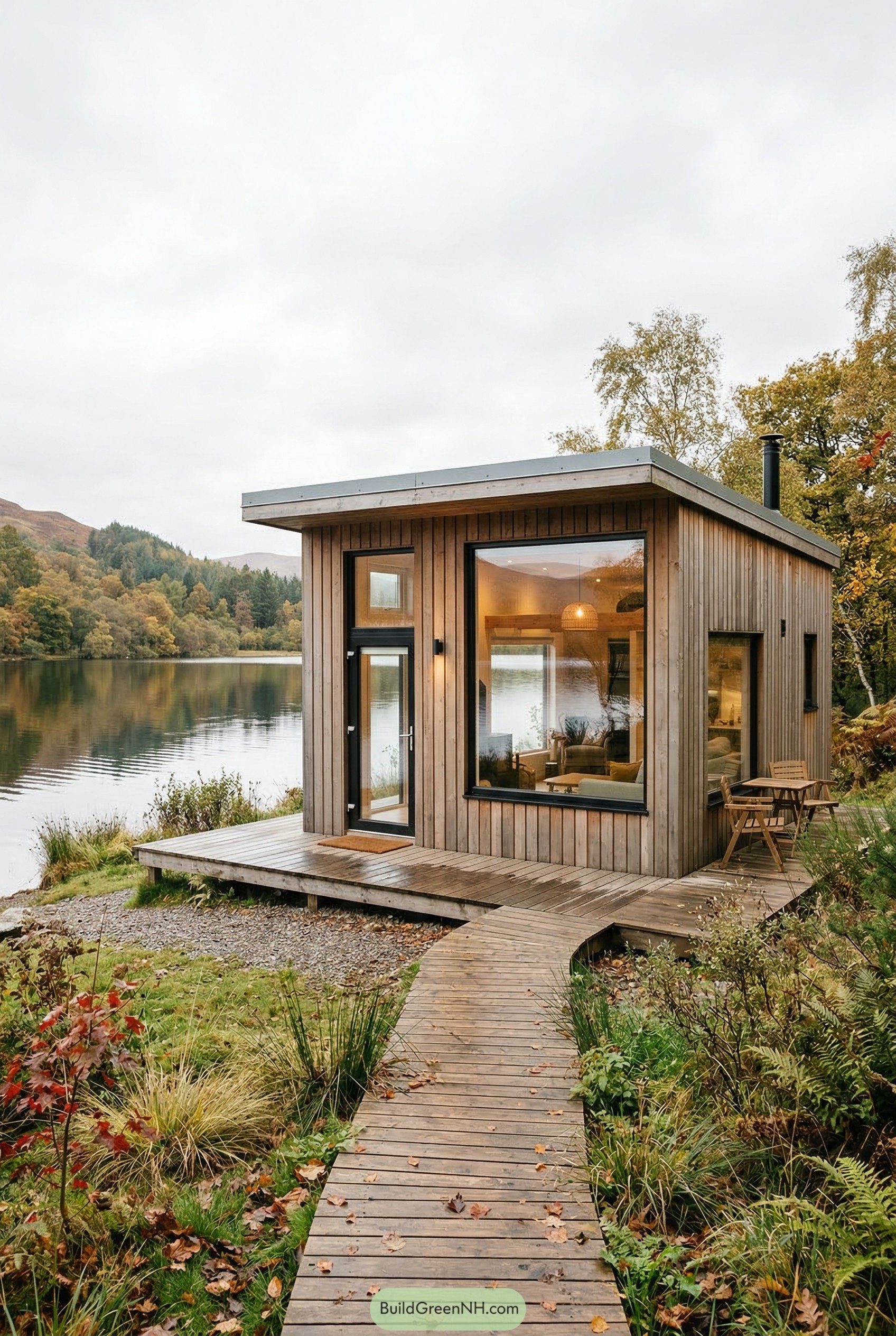 Modern timber tiny house by a lake