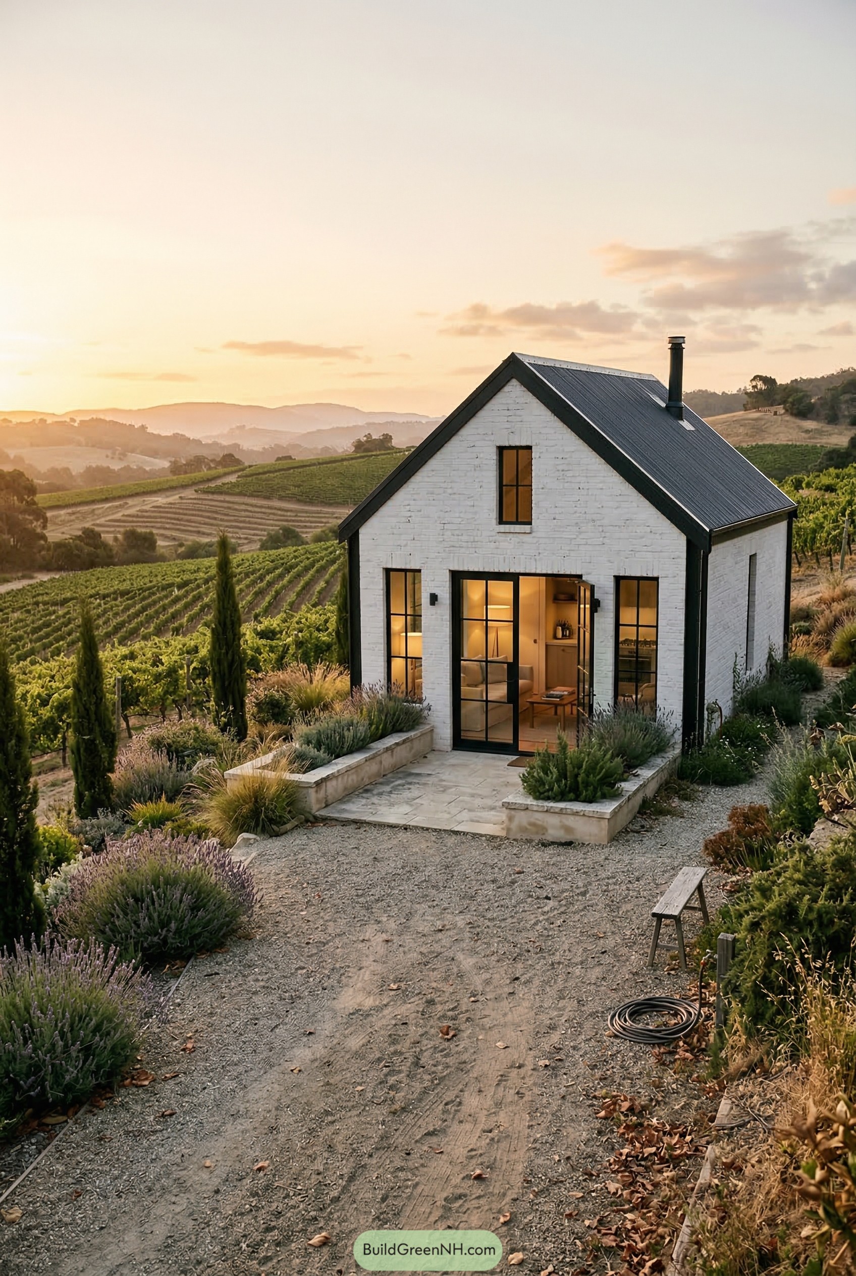 White tiny cottage beside vineyard rows