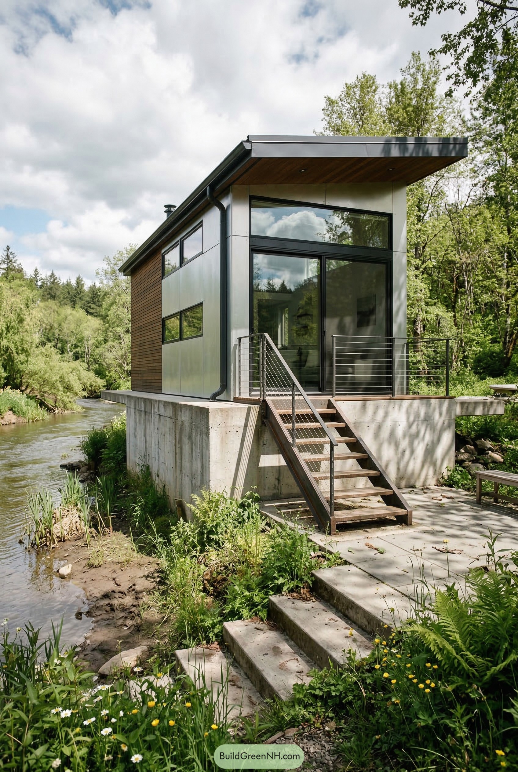 Modern tiny house on concrete base beside a creek