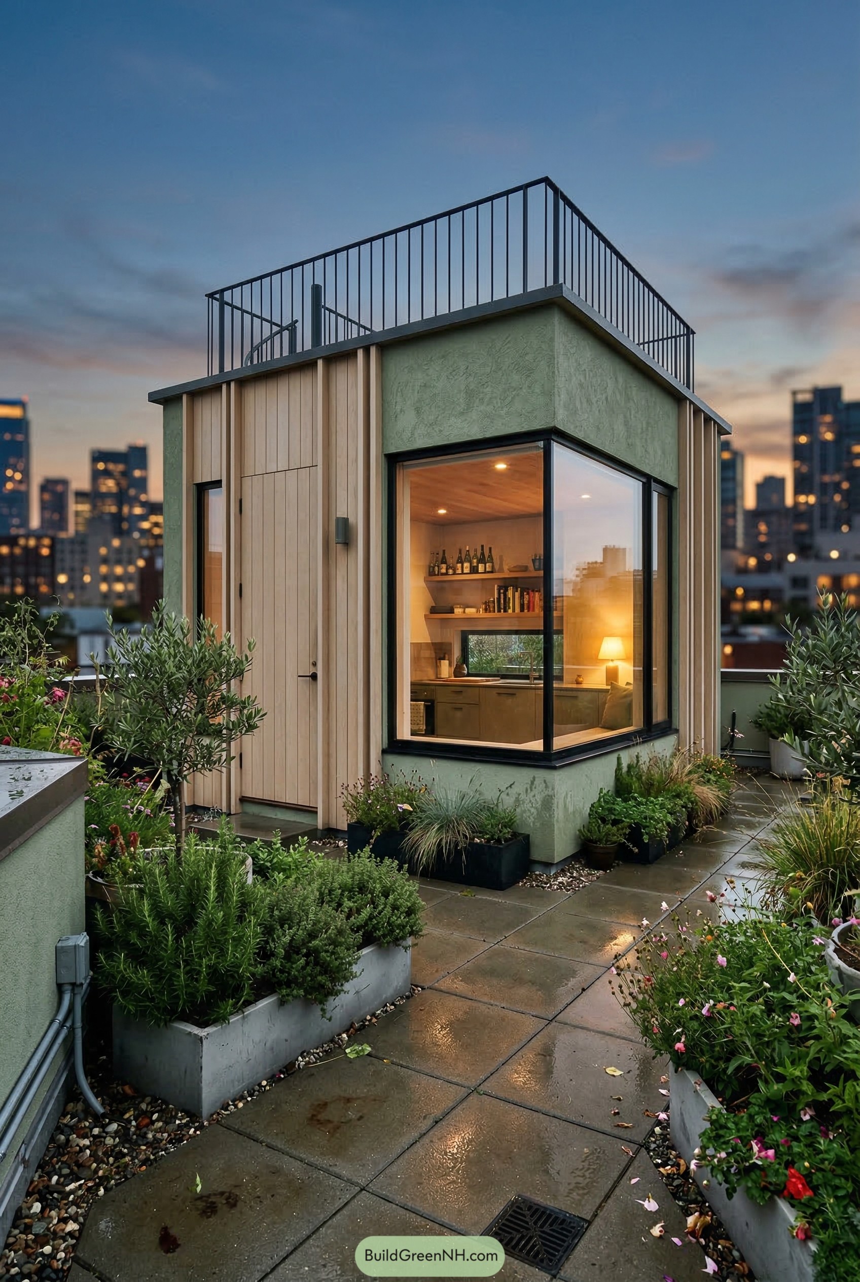 Modern rooftop tiny house with corner glazing