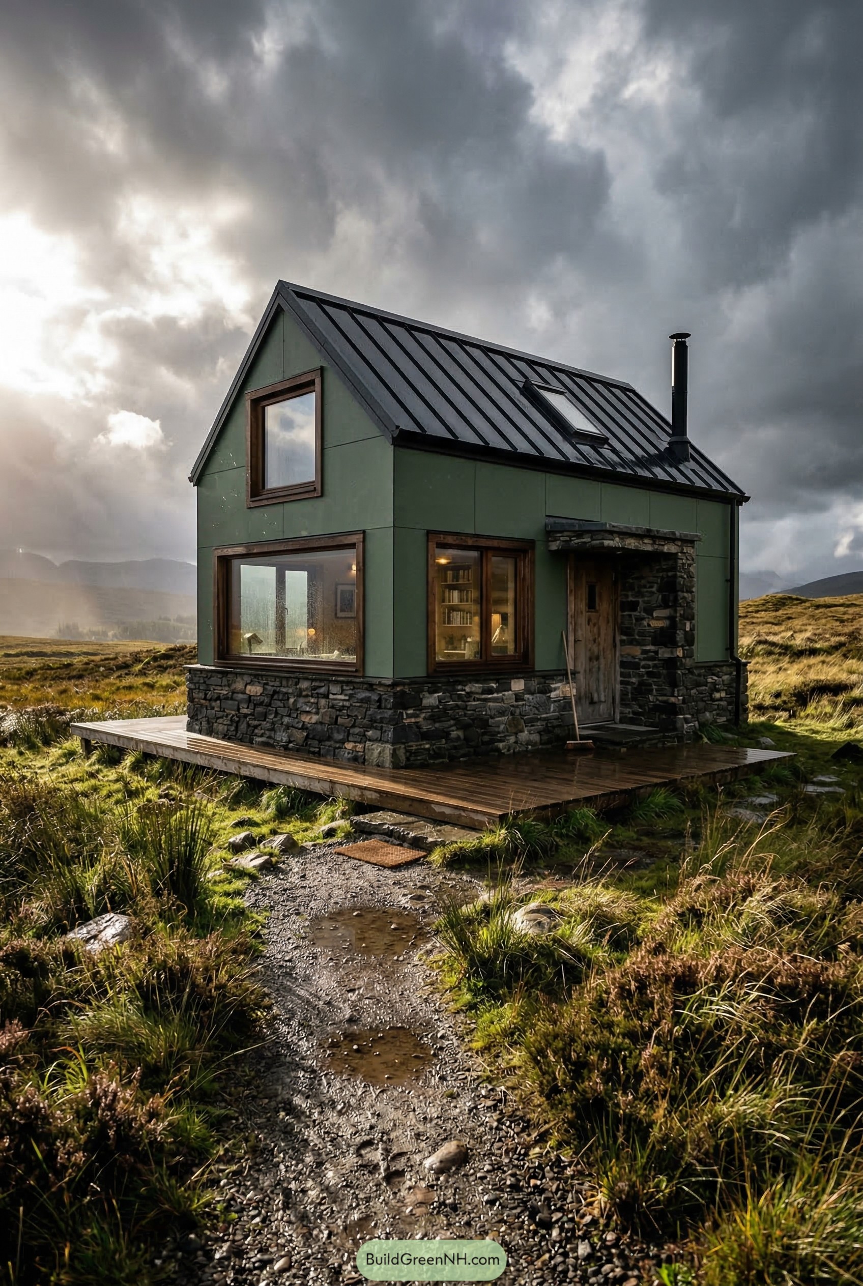 Green tiny cabin with stone base on moor