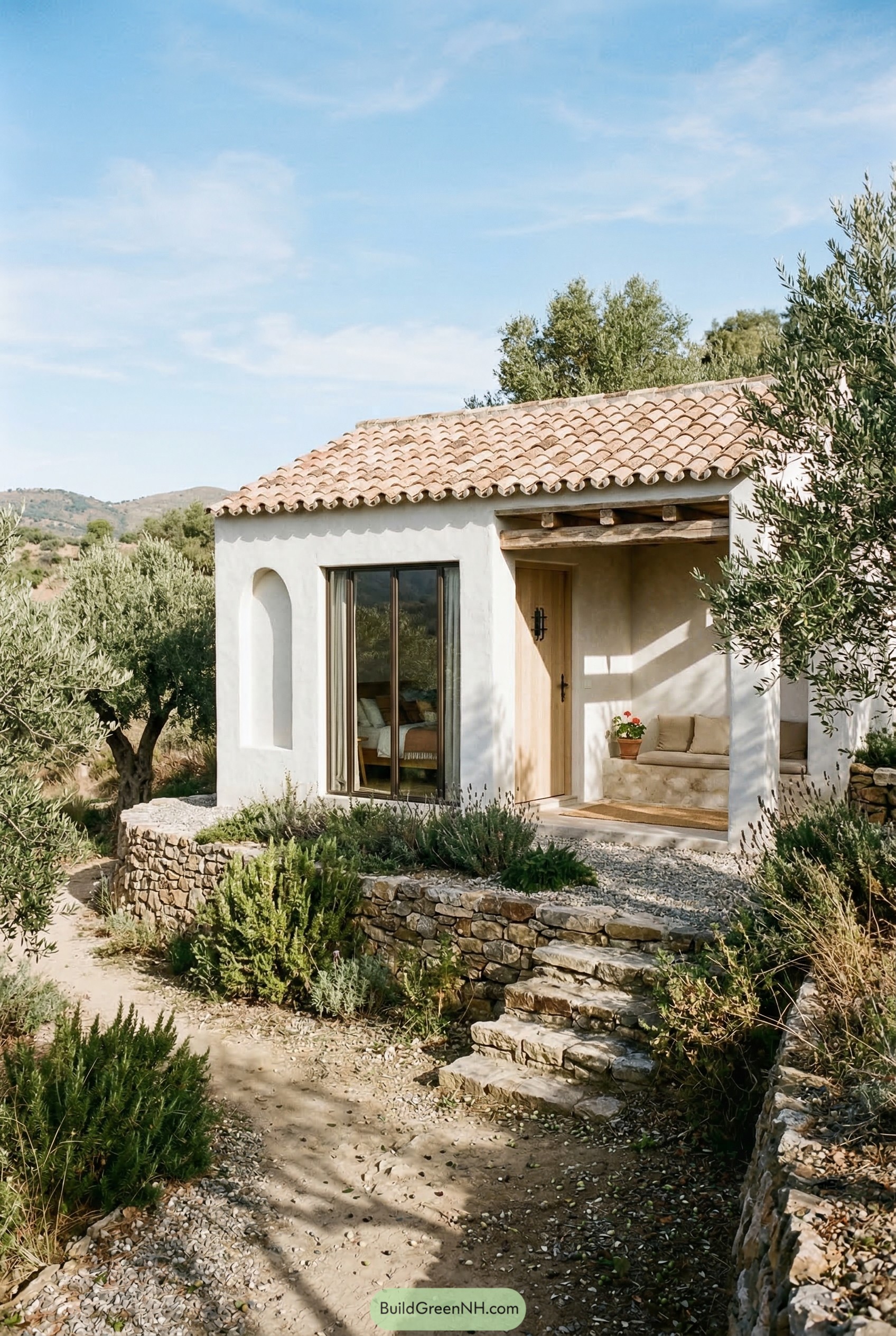 White stucco tiny house with terracotta roof