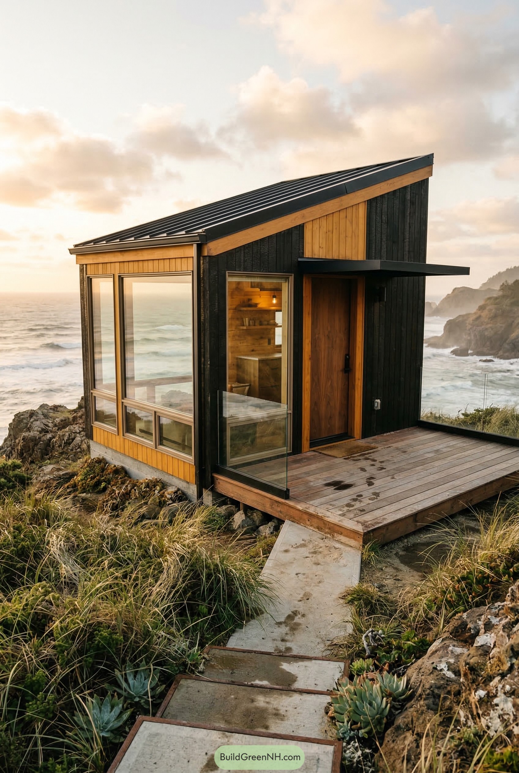 Modern oceanfront tiny house with corner windows and deck