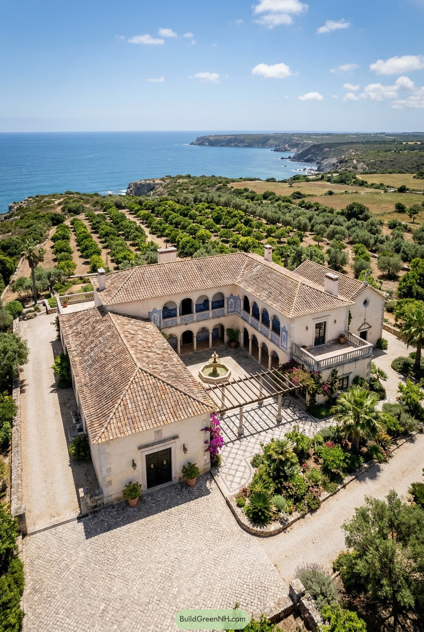 Coastal quinta with arcaded courtyard and fountain