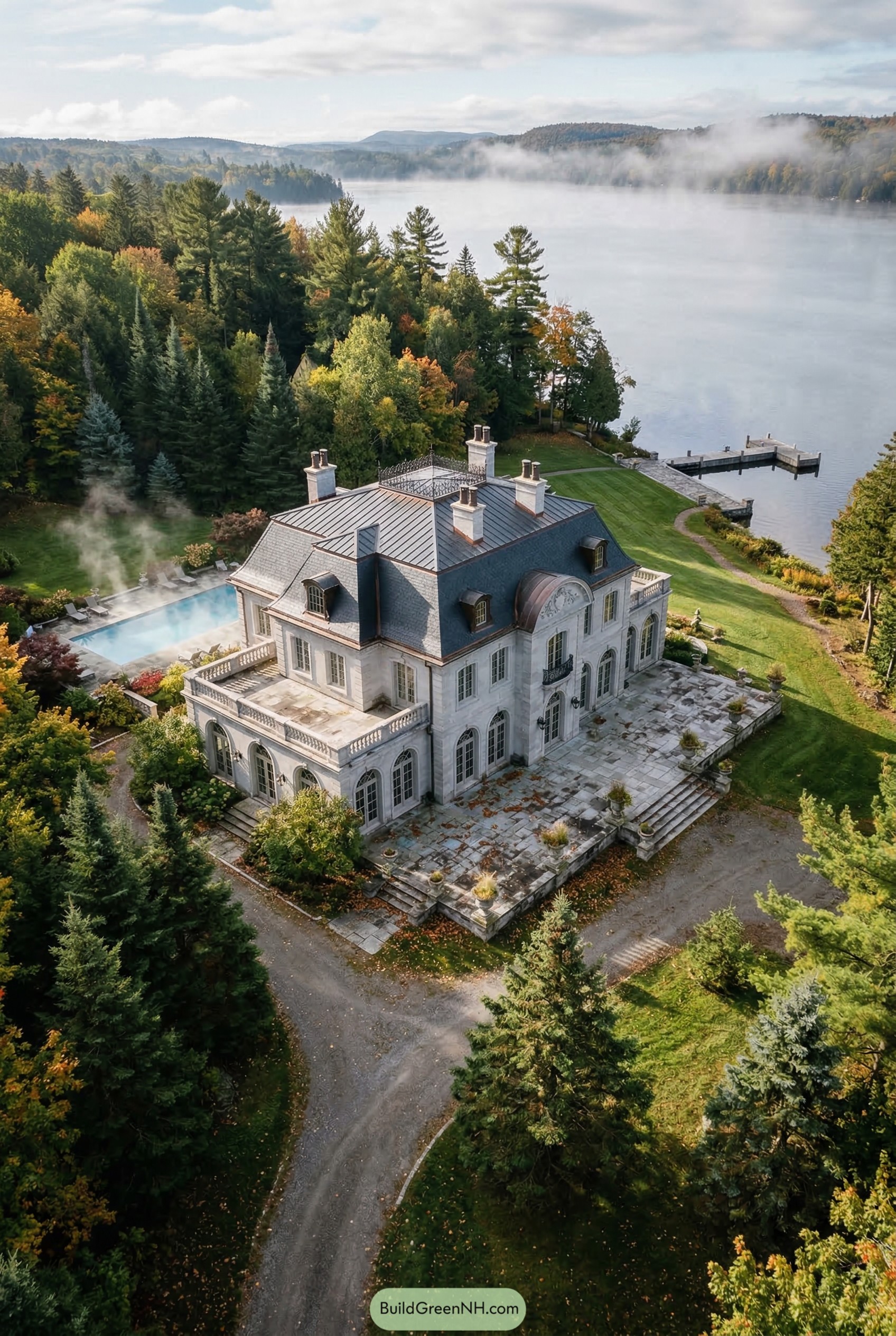 French-style lakeside mansion with pool and dock