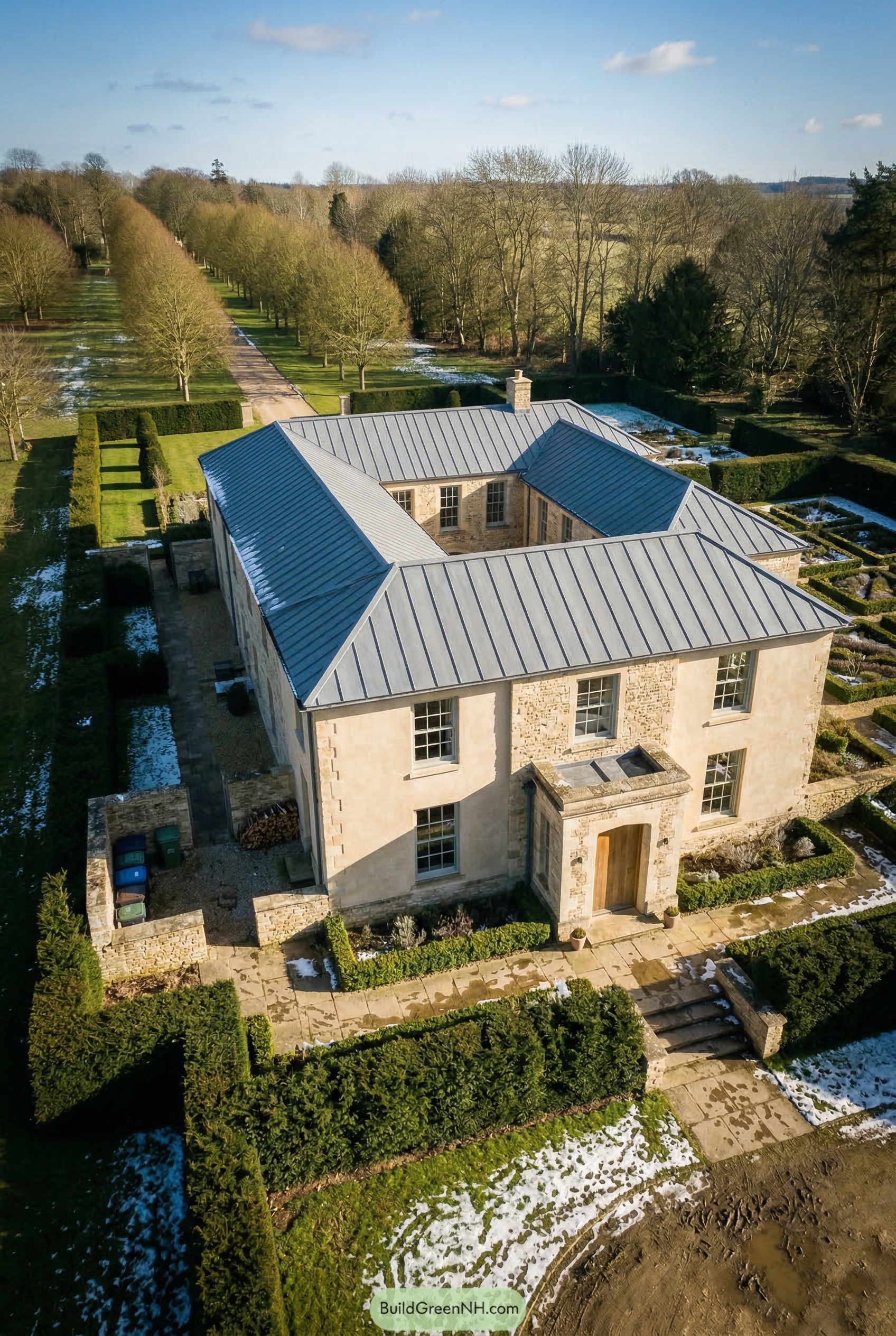 Stone manor with central courtyard and formal allée