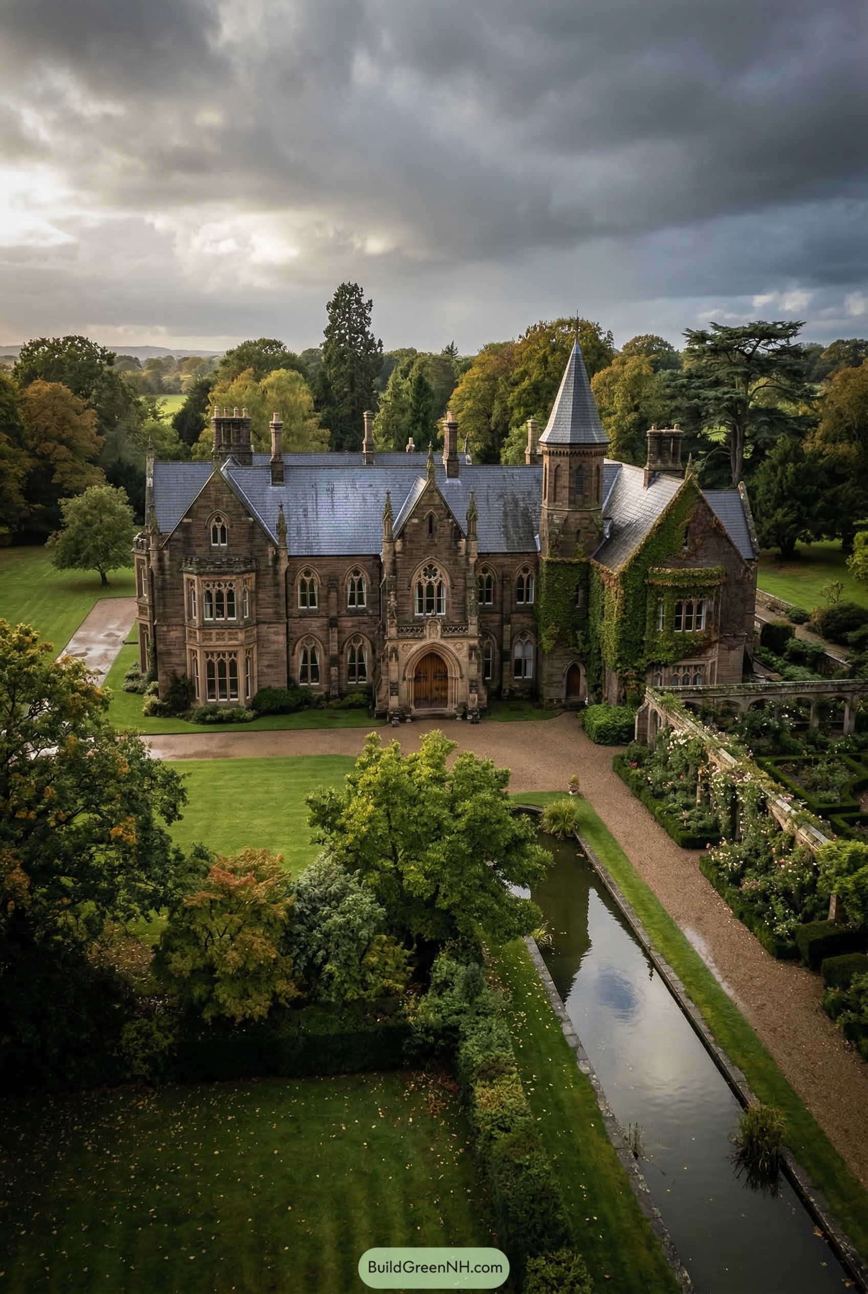 Gothic revival manor with ivy clad tower and canal garden