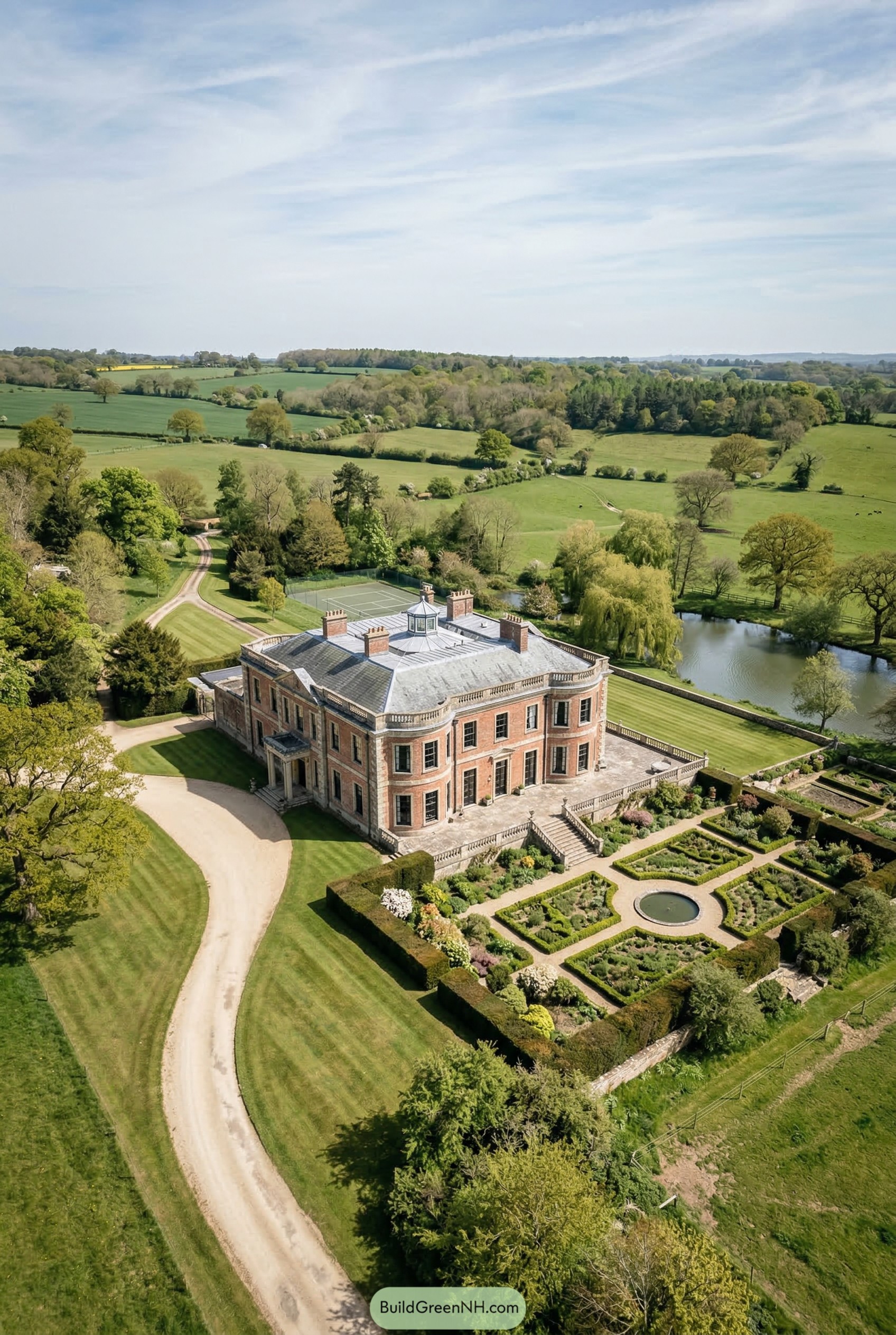 Aerial view of red brick manor with formal garden and pond