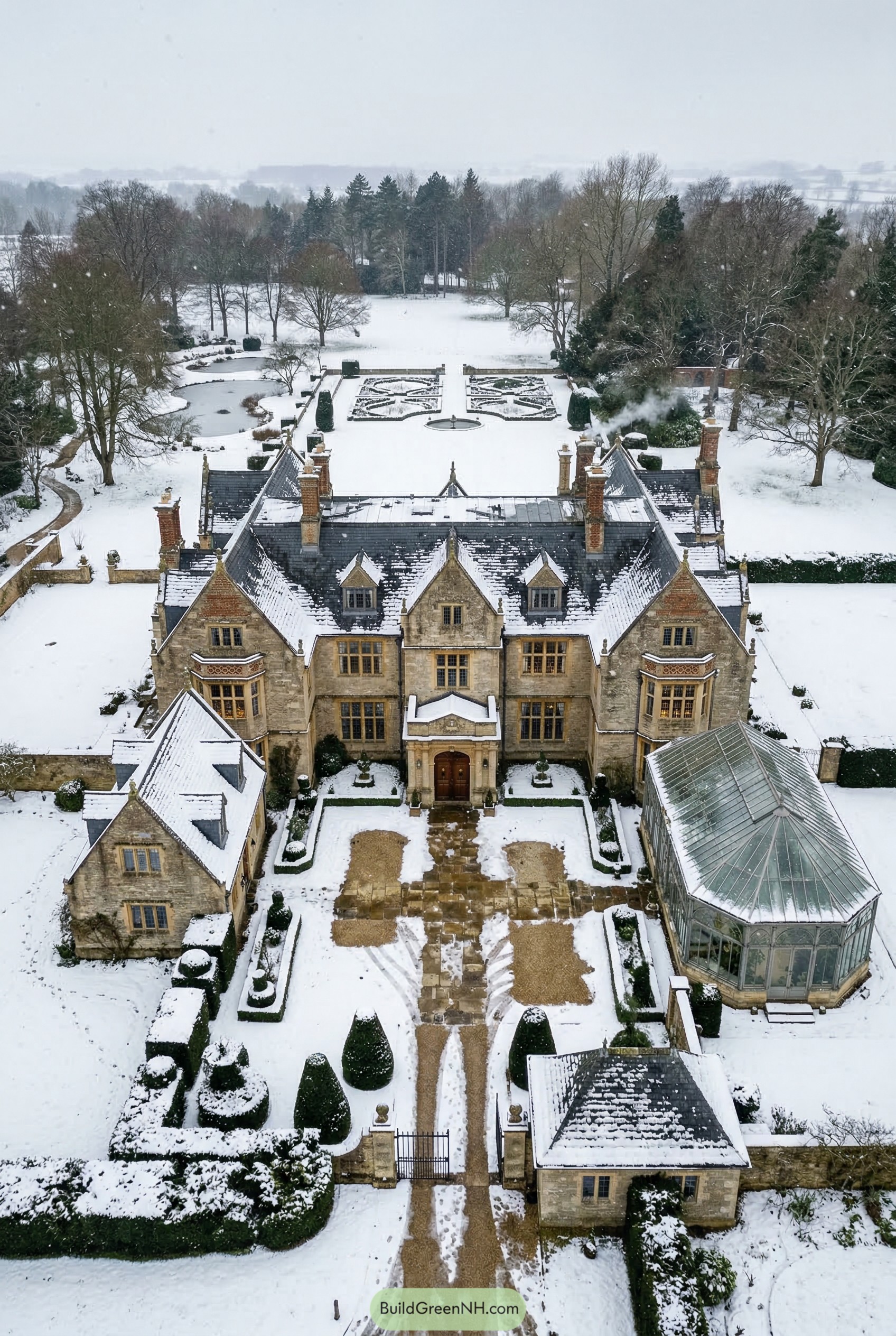 Snow-covered stone manor with glass conservatory and formal gardens