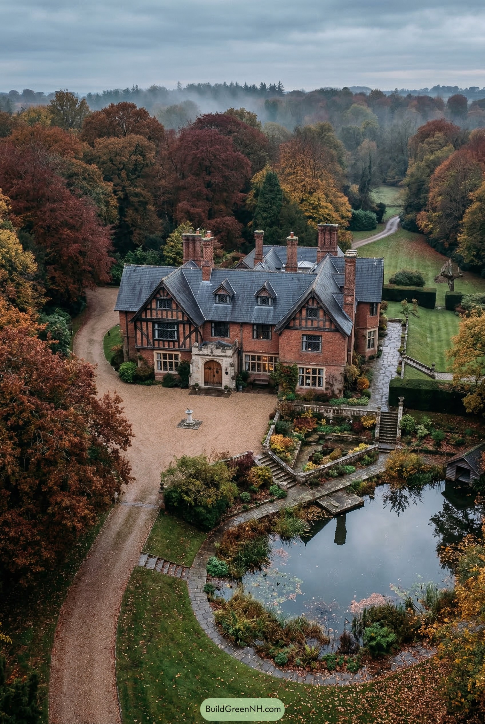 Brick Tudor manor beside a pond