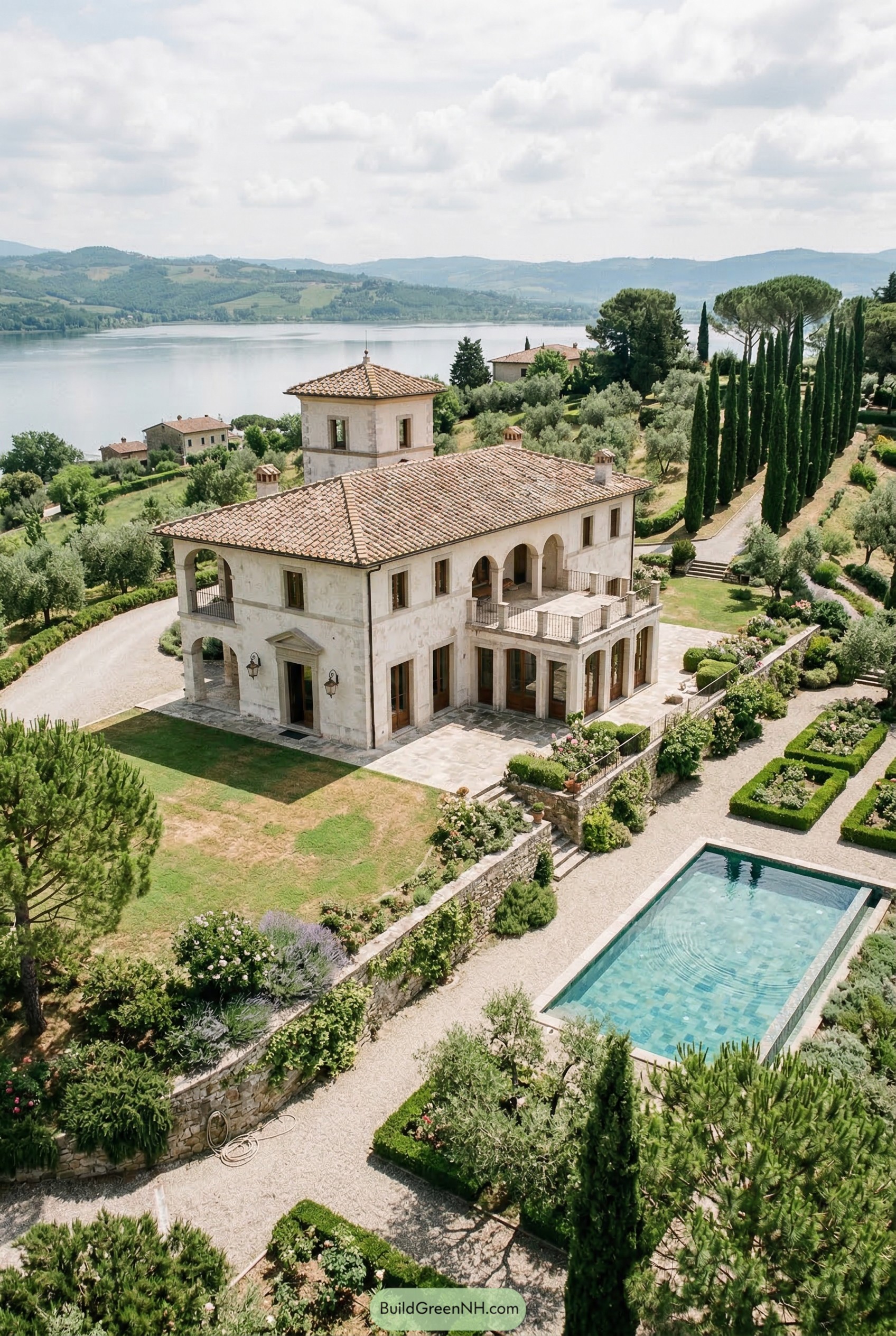 Tuscan villa with tower pool and lake view