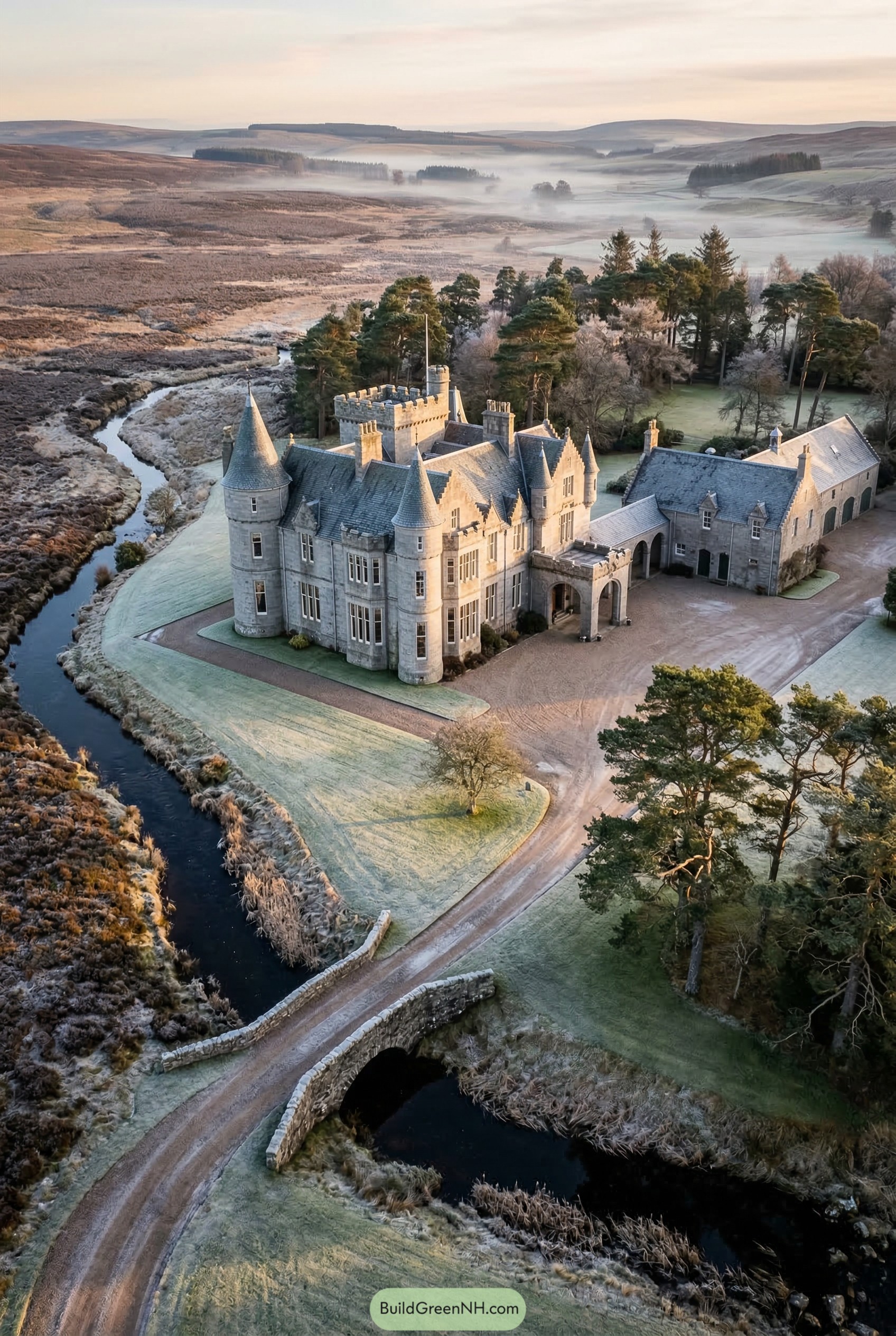 Stone baronial estate with turrets by a stream