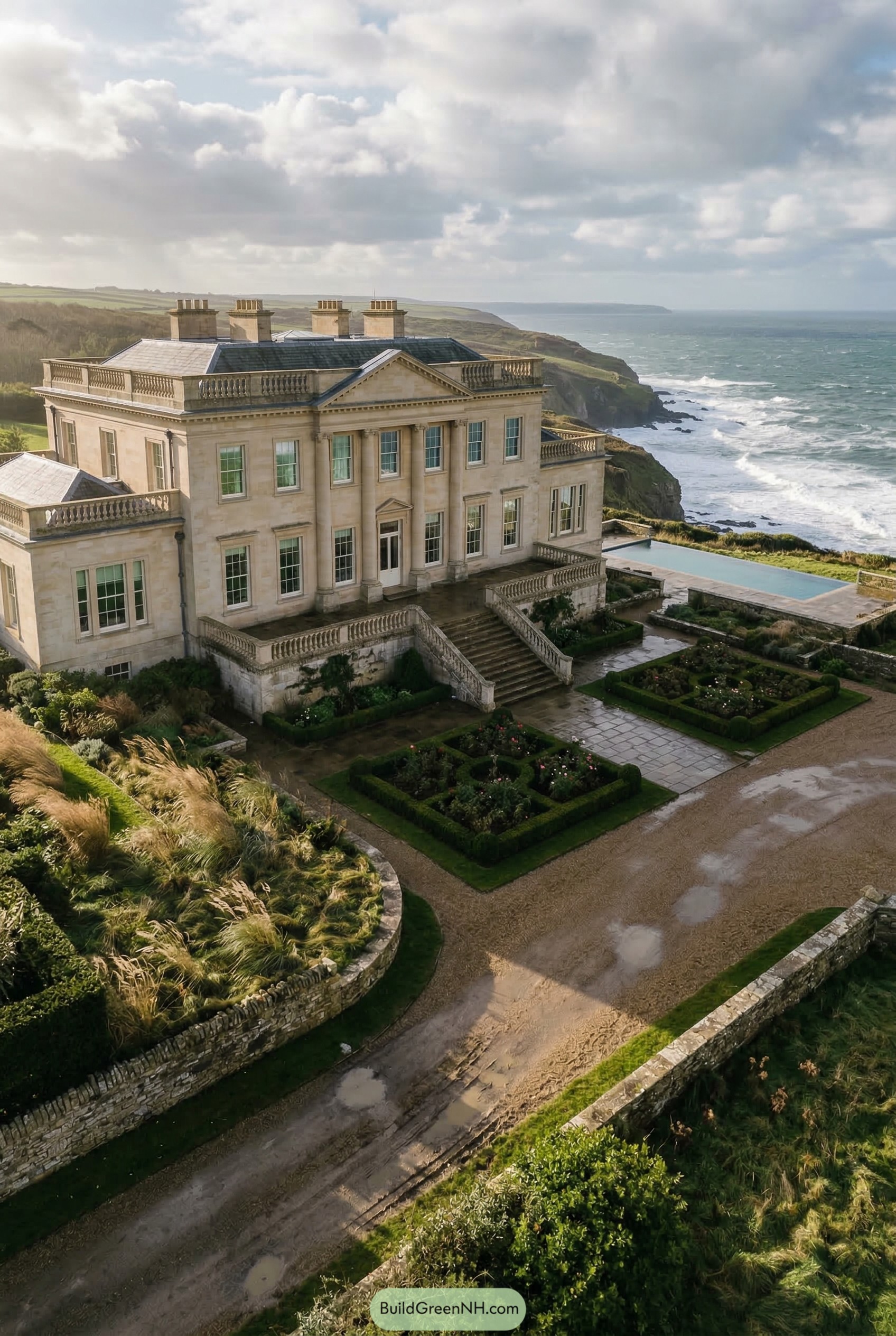 Neoclassical manor on rugged sea cliffs