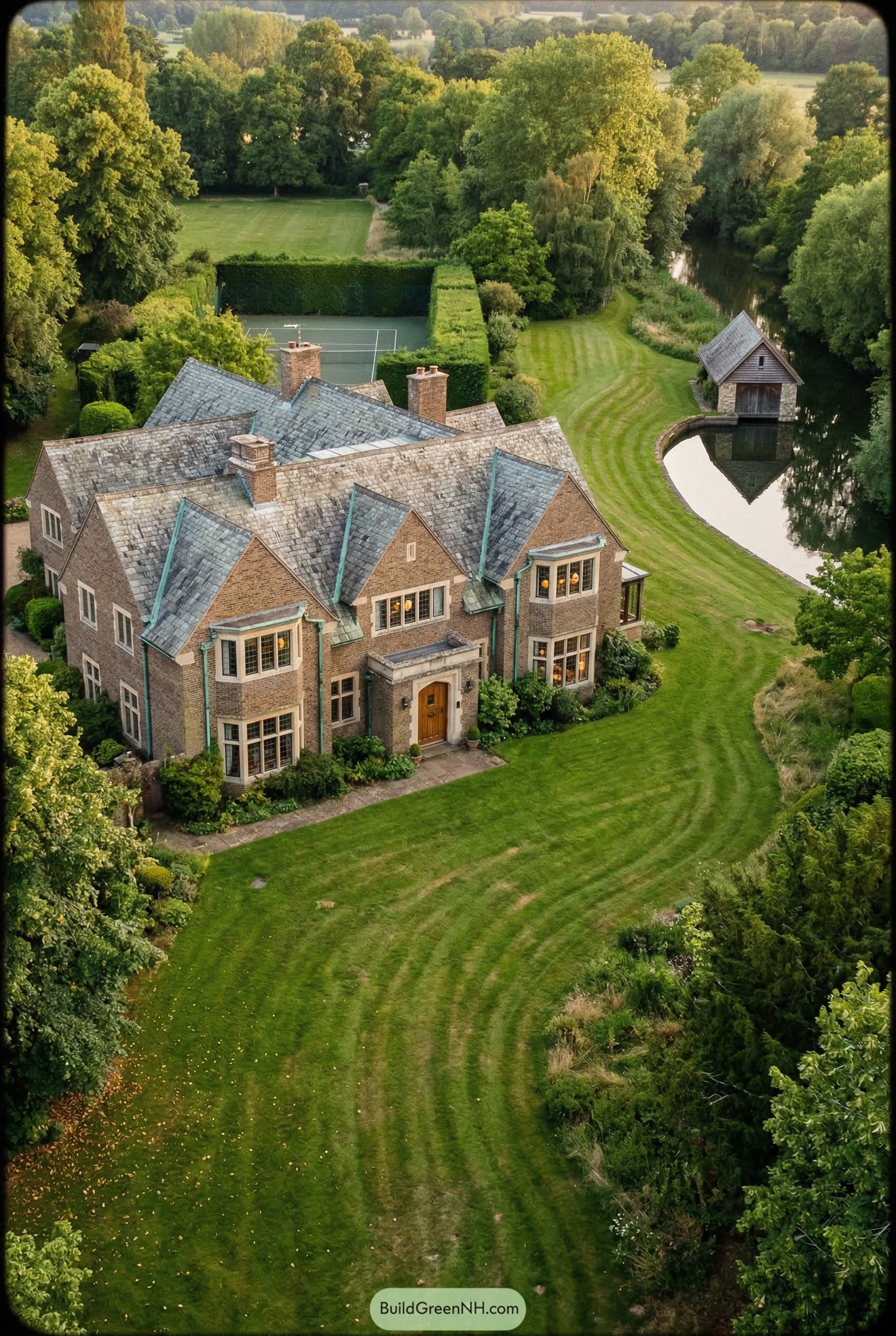 Brick manor beside river with boathouse