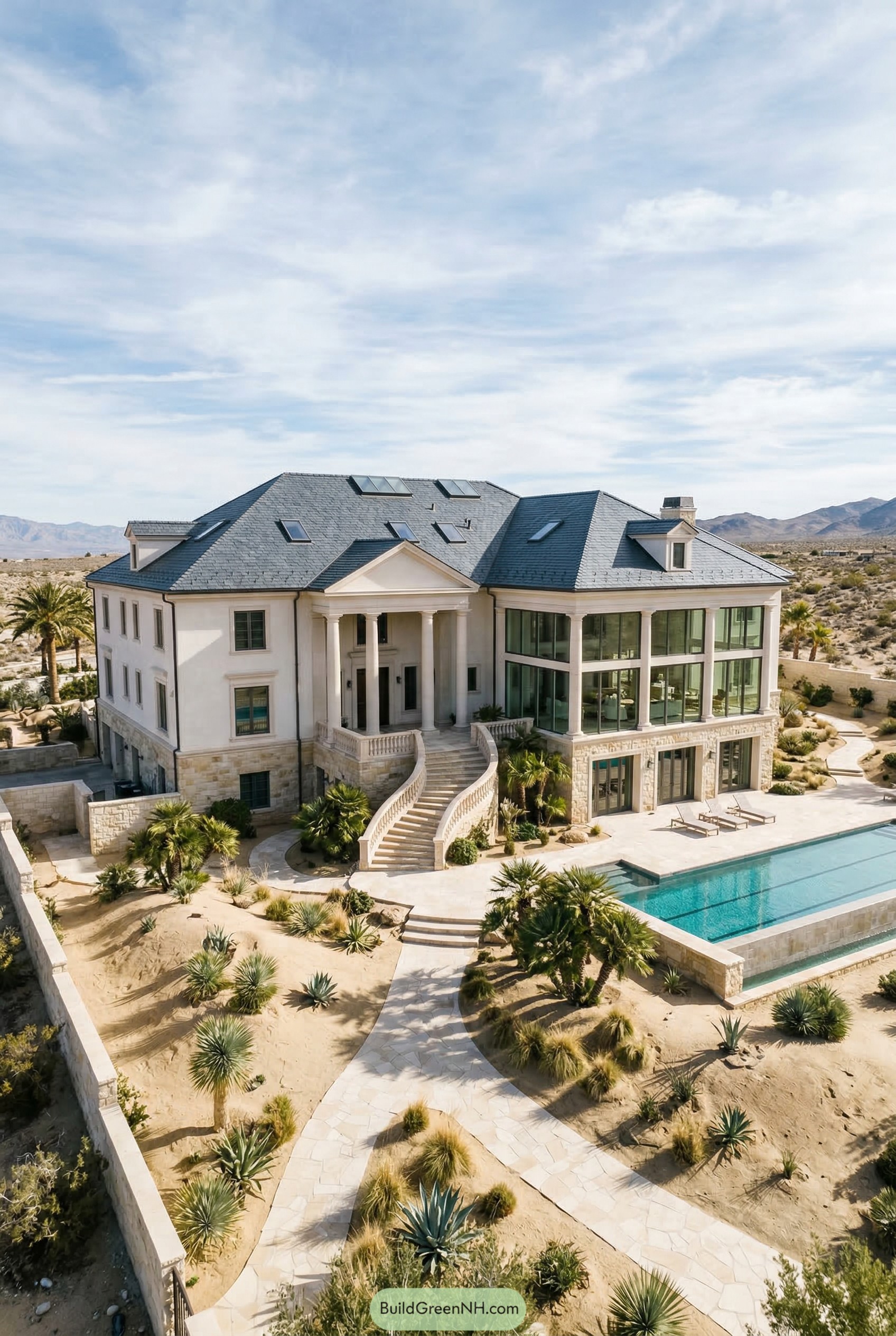 Grand desert manor with curved stair and pool
