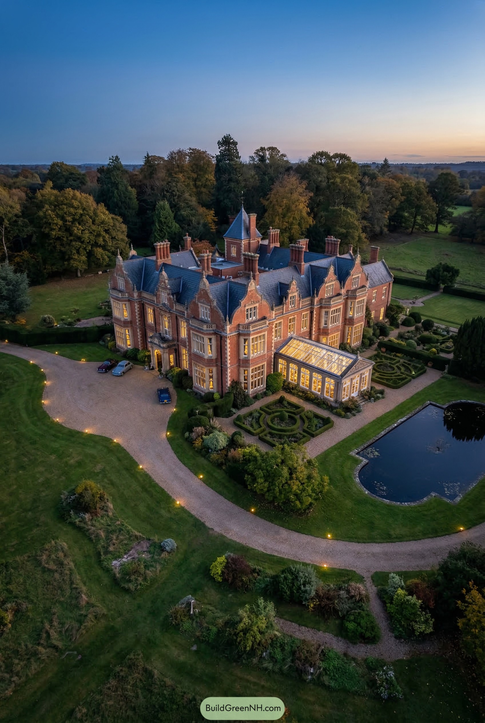 Aerial view of a red brick manor with conservatory and formal gardens