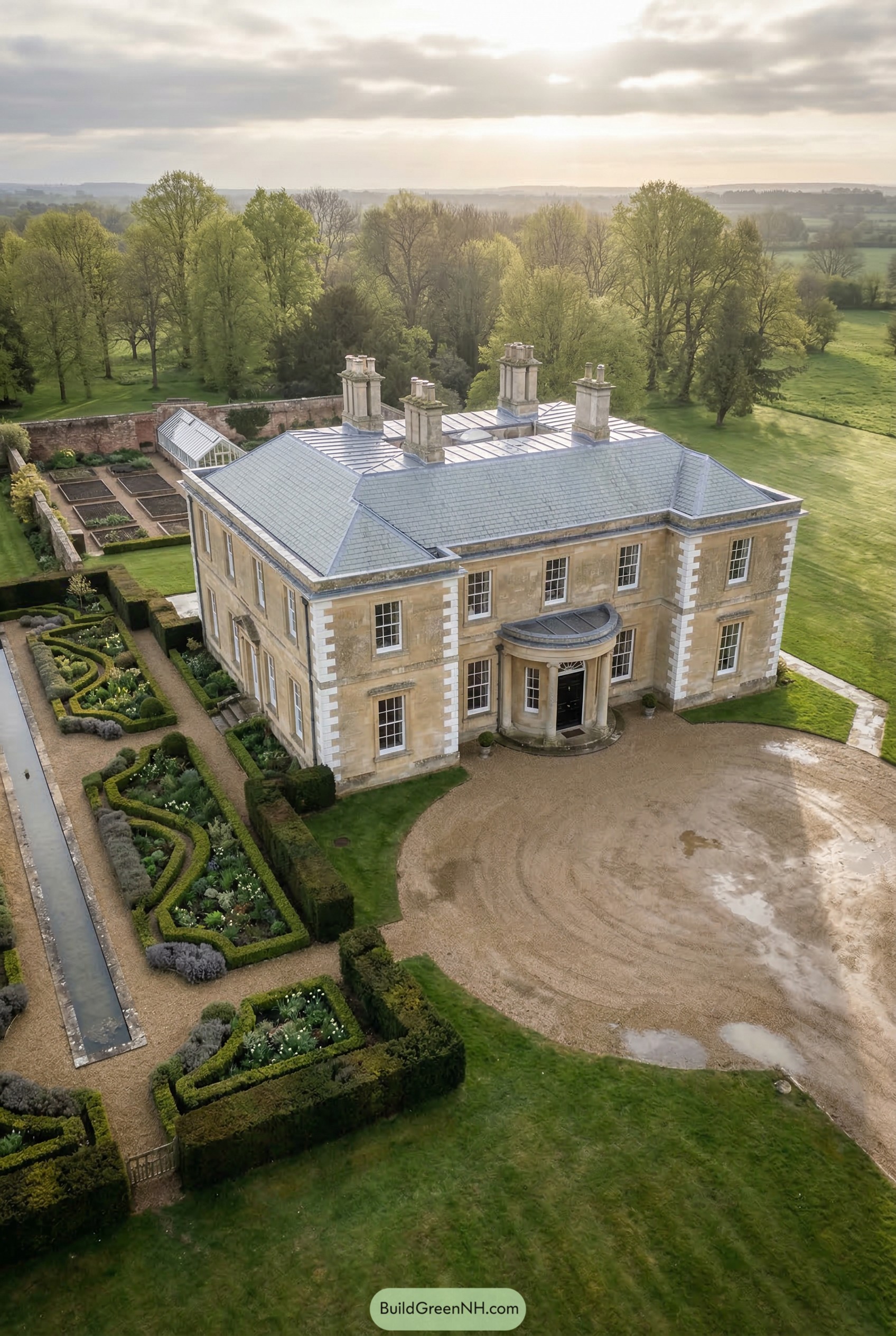 Aerial view of a stone manor with formal gardens