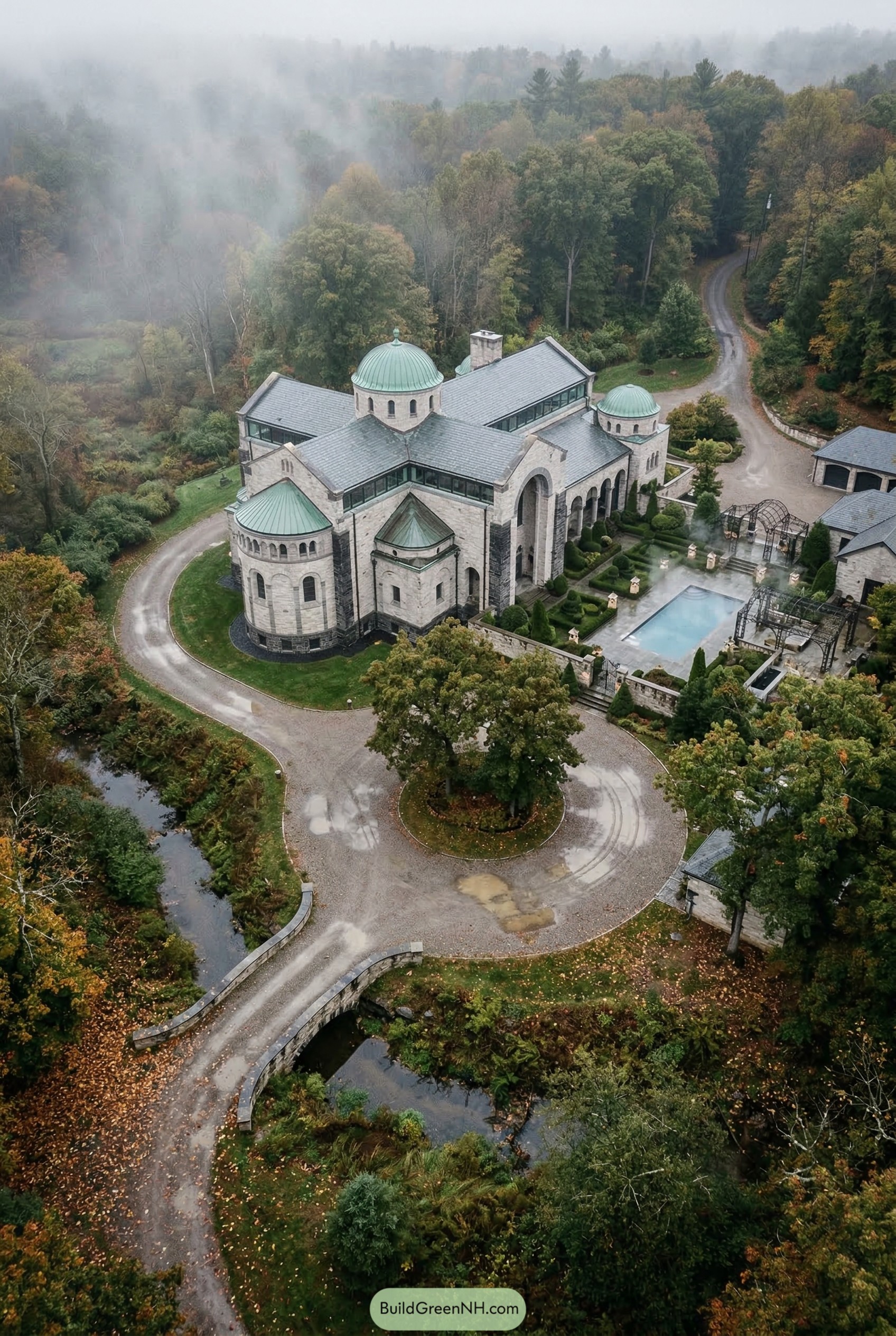 Stone mansion with green domes and pool courtyard