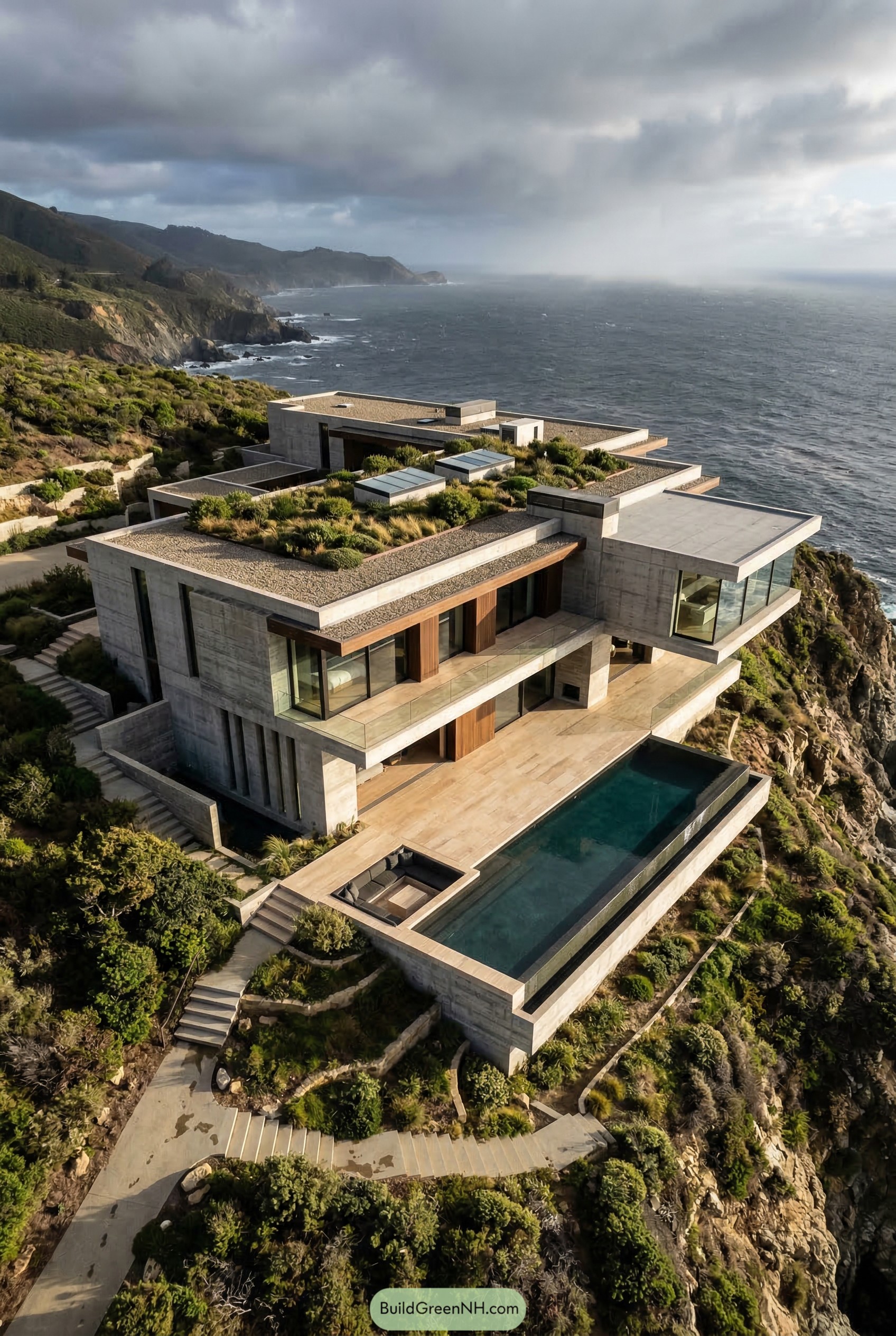 Modern cliffside mansion with green roofs and infinity pool