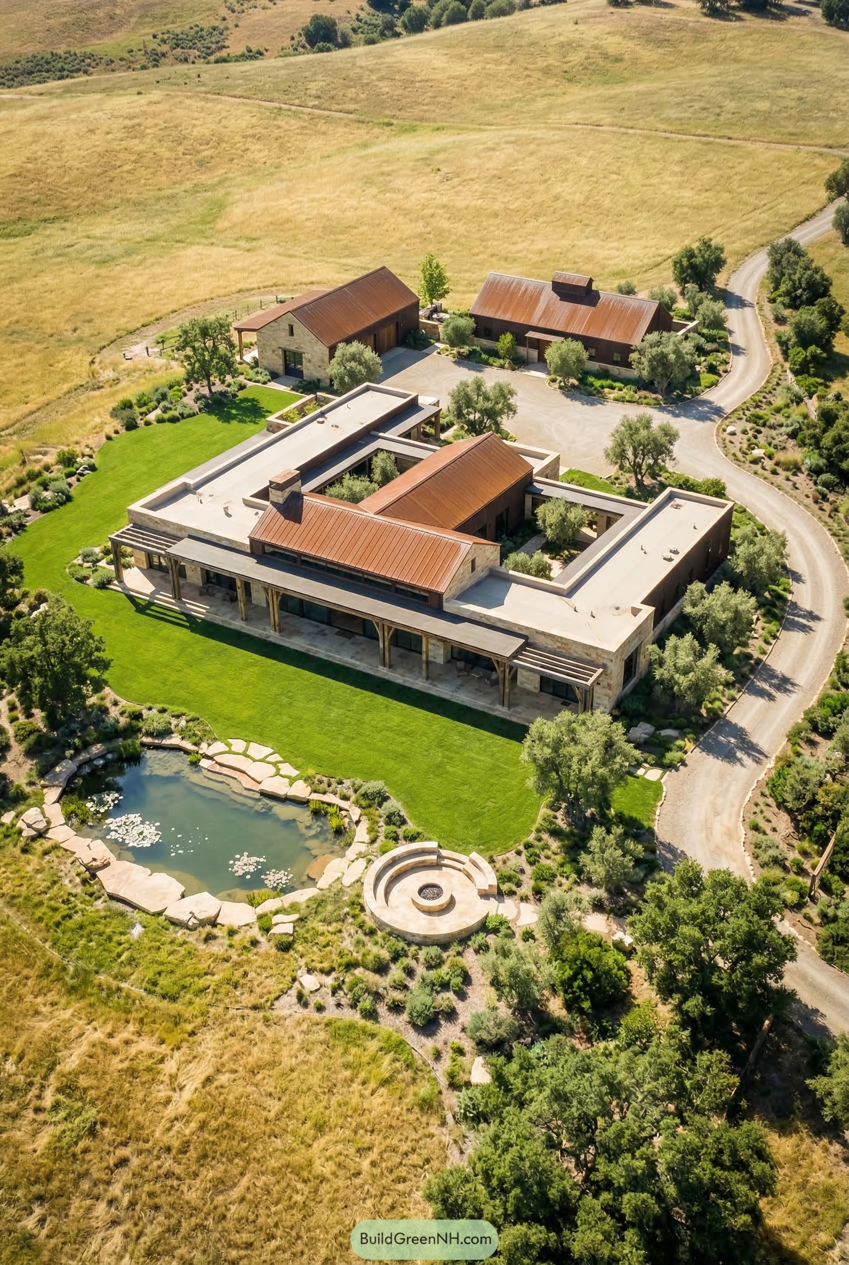 Aerial of a modern ranch estate with pond