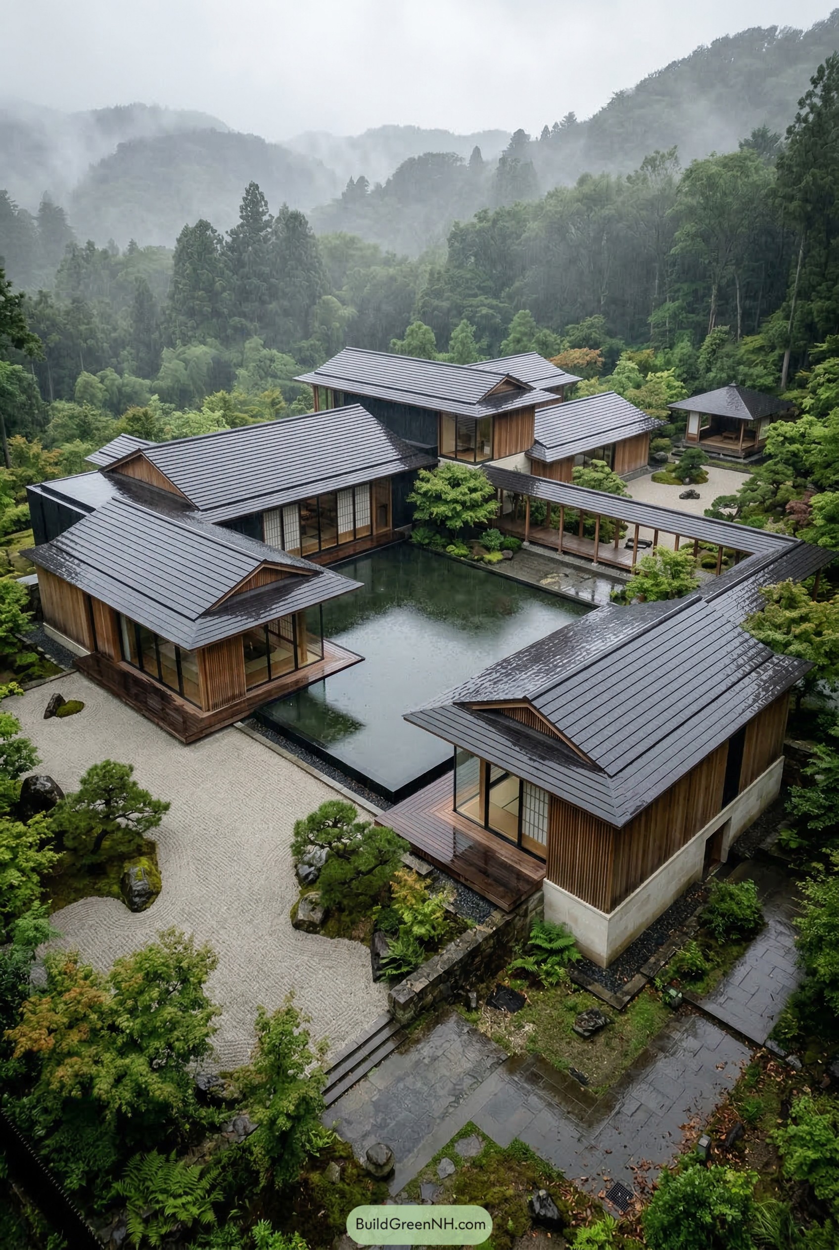 Japanese inspired mansion around reflecting pool