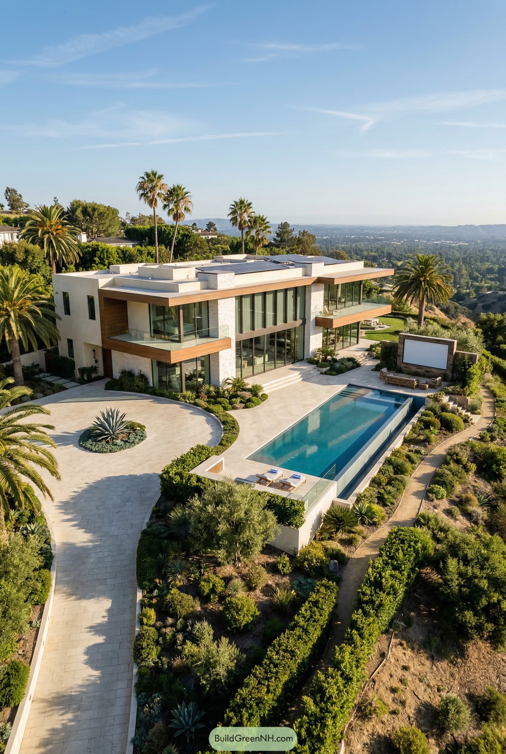 Modern hillside mansion with infinity pool and palms
