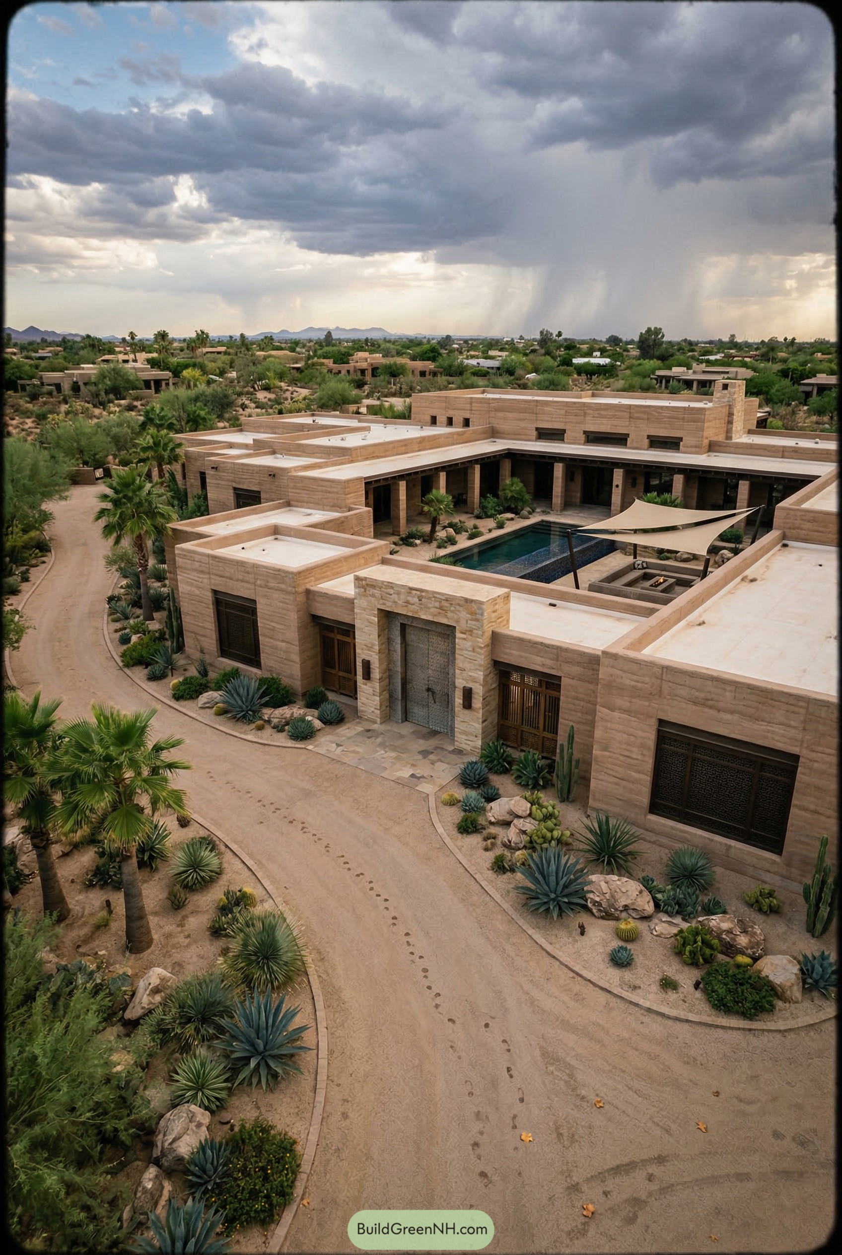 Aerial view of desert mansion with courtyard pool