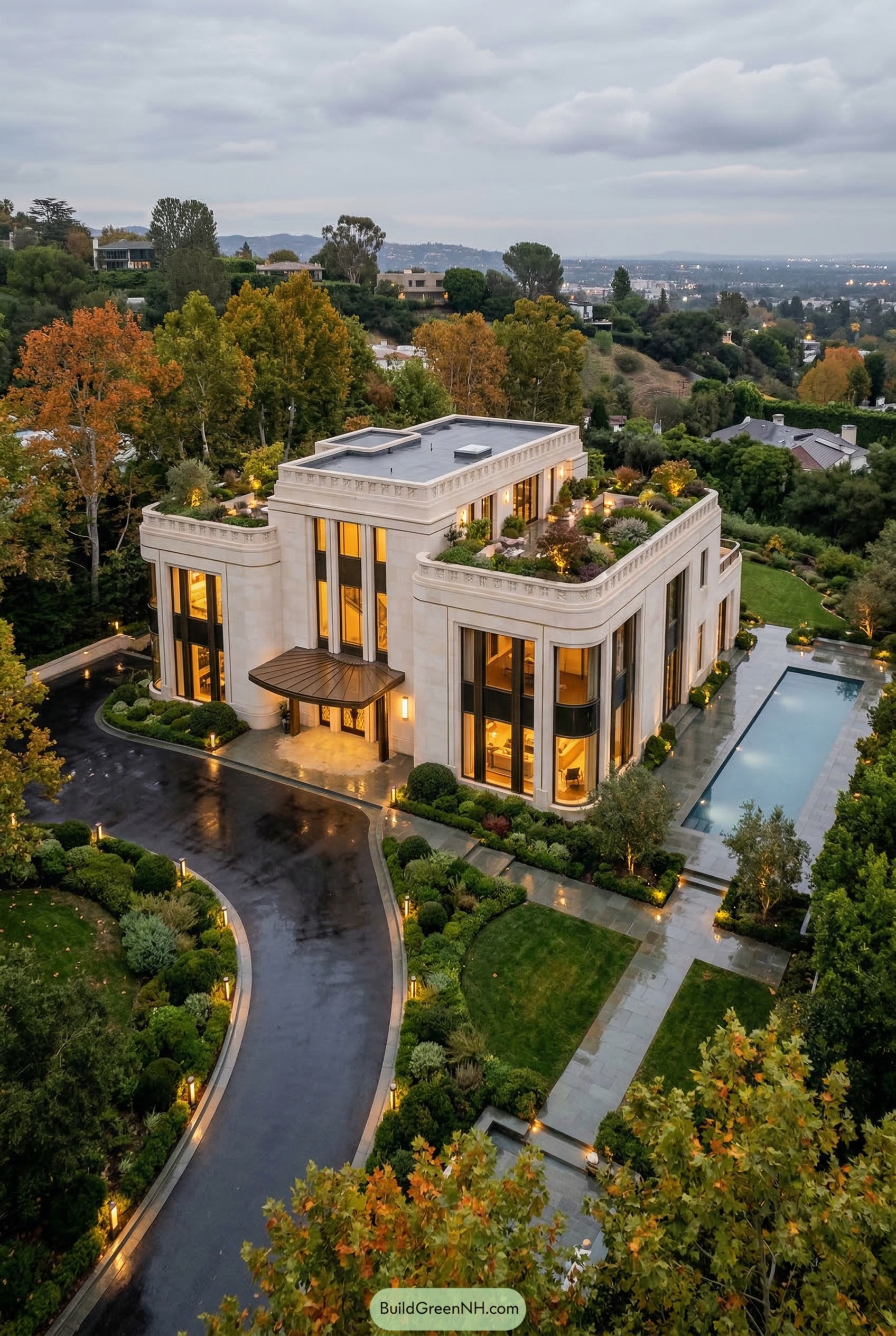 Cream stone mansion with rooftop garden and long pool