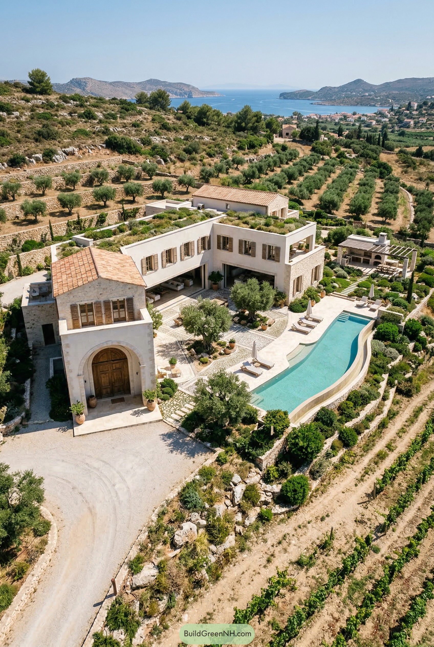 Stone villa with curved pool above olive groves and bay