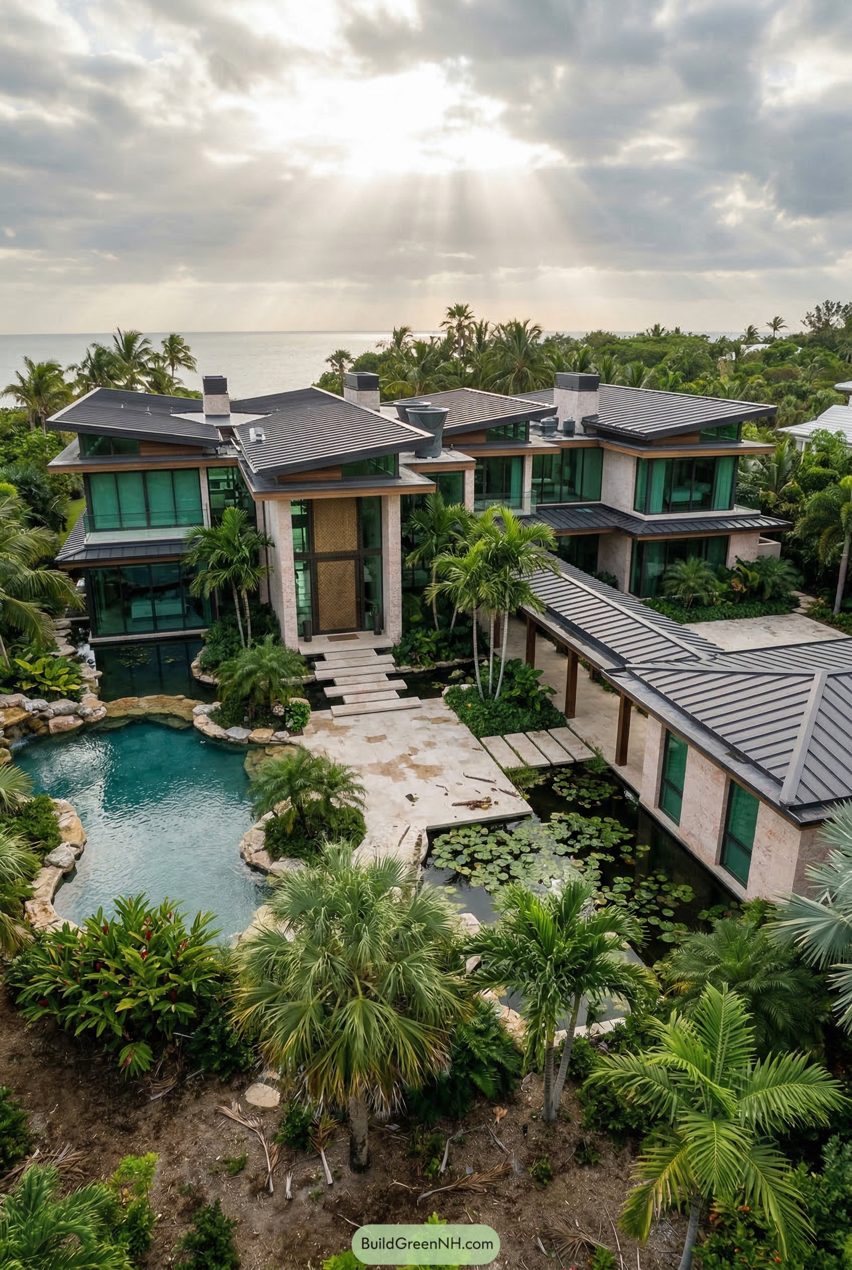 Modern tropical mansion with lagoon pool and palms