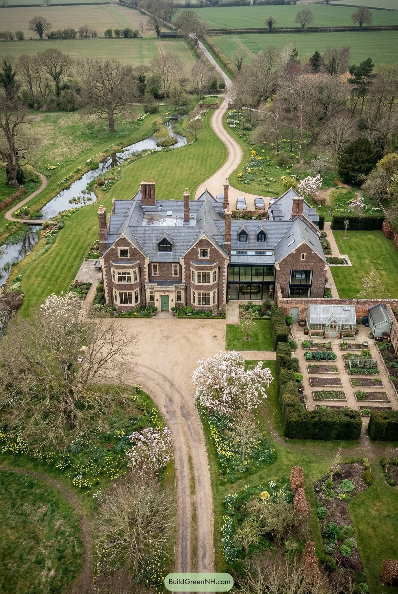 Aerial view of a brick manor with pond and kitchen garden