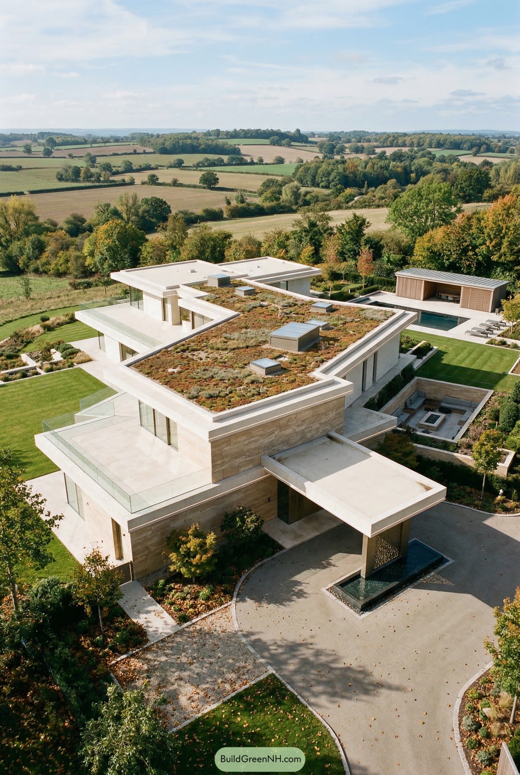 Modern stone mansion with green roof terraces