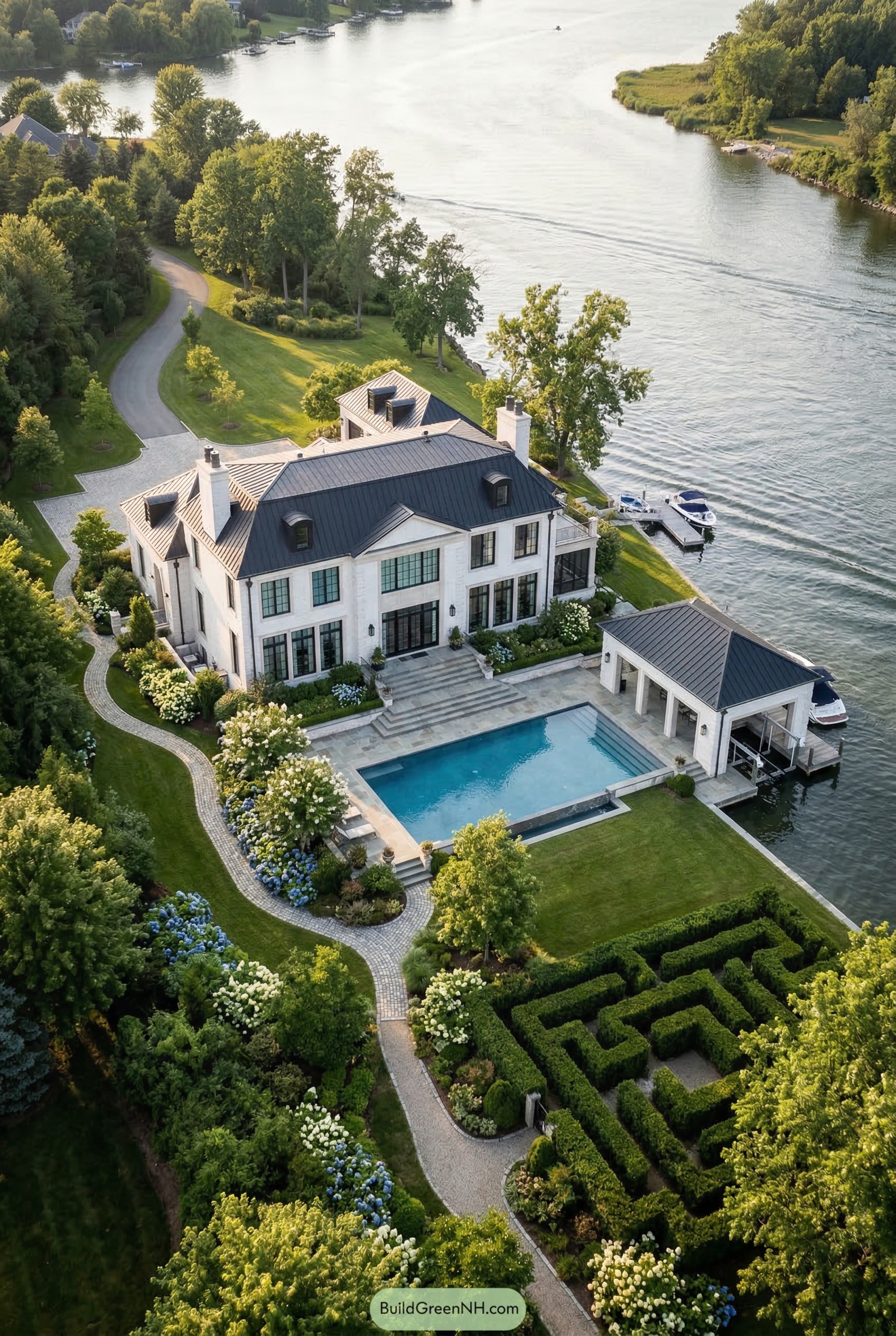 Aerial riverside mansion with pool dock and hedge maze