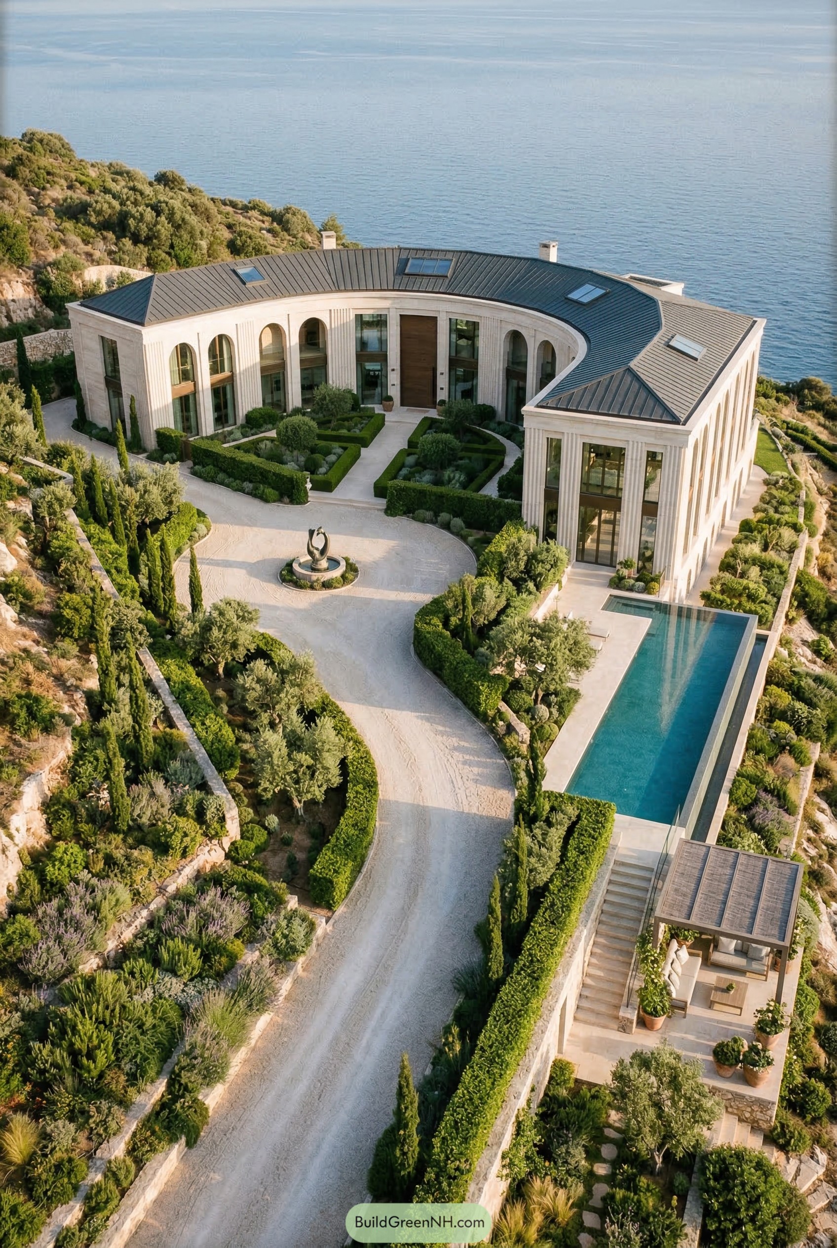 Curved stone seaside mansion with pool