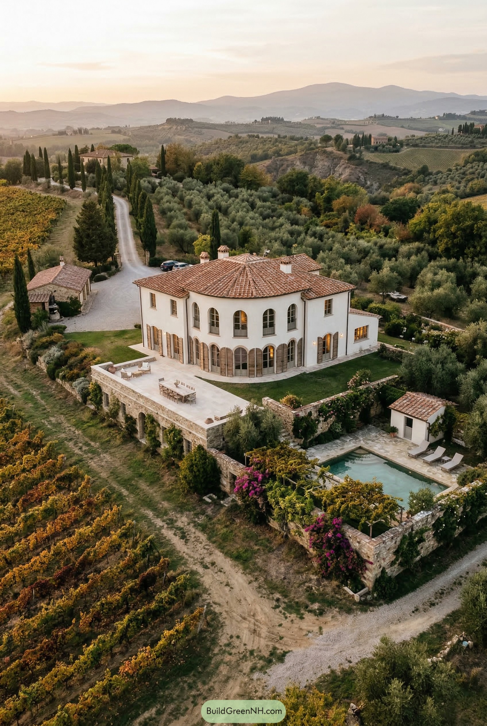 Curved Tuscan villa with pool among vineyards