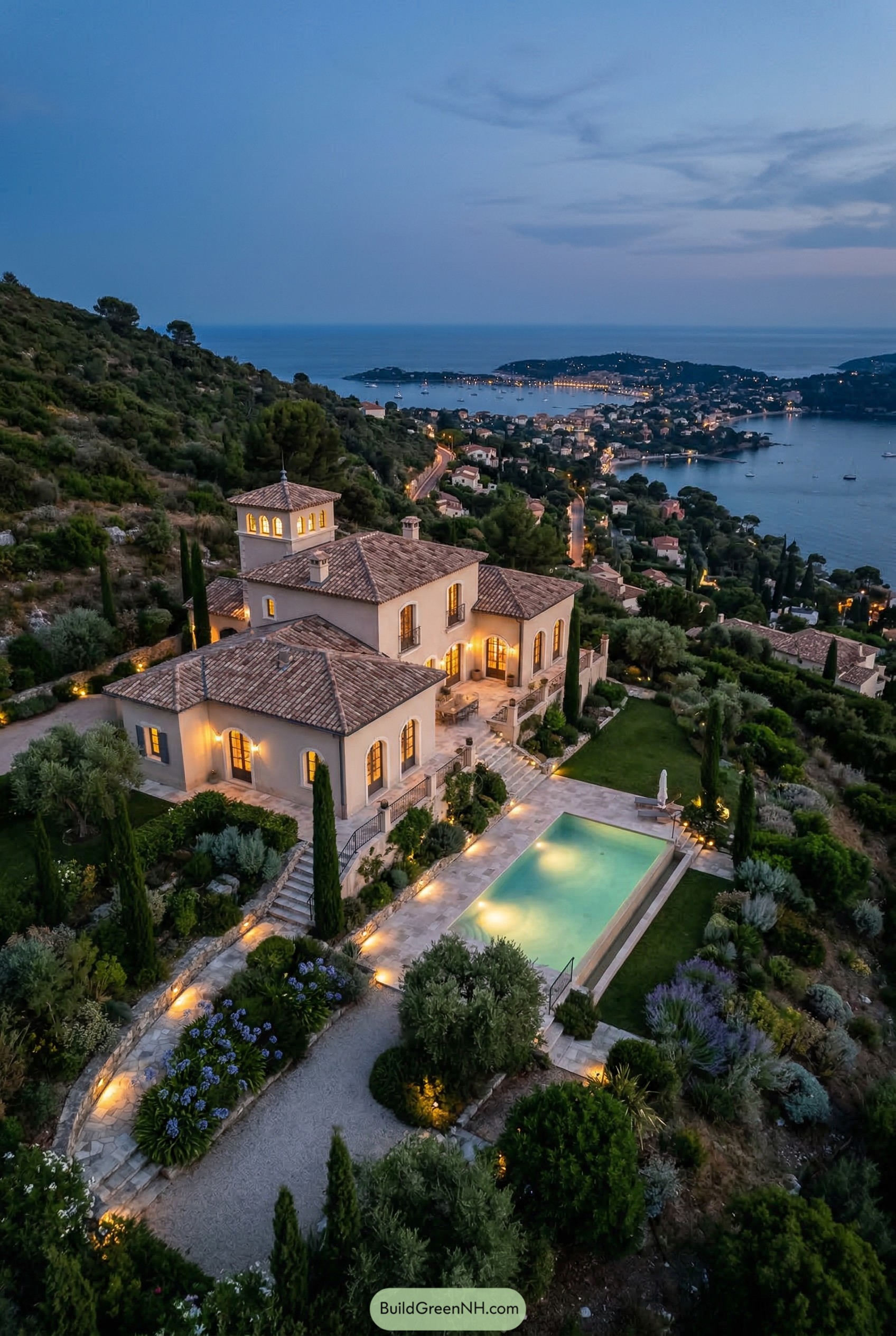 Mediterranean hillside mansion with pool above a bay
