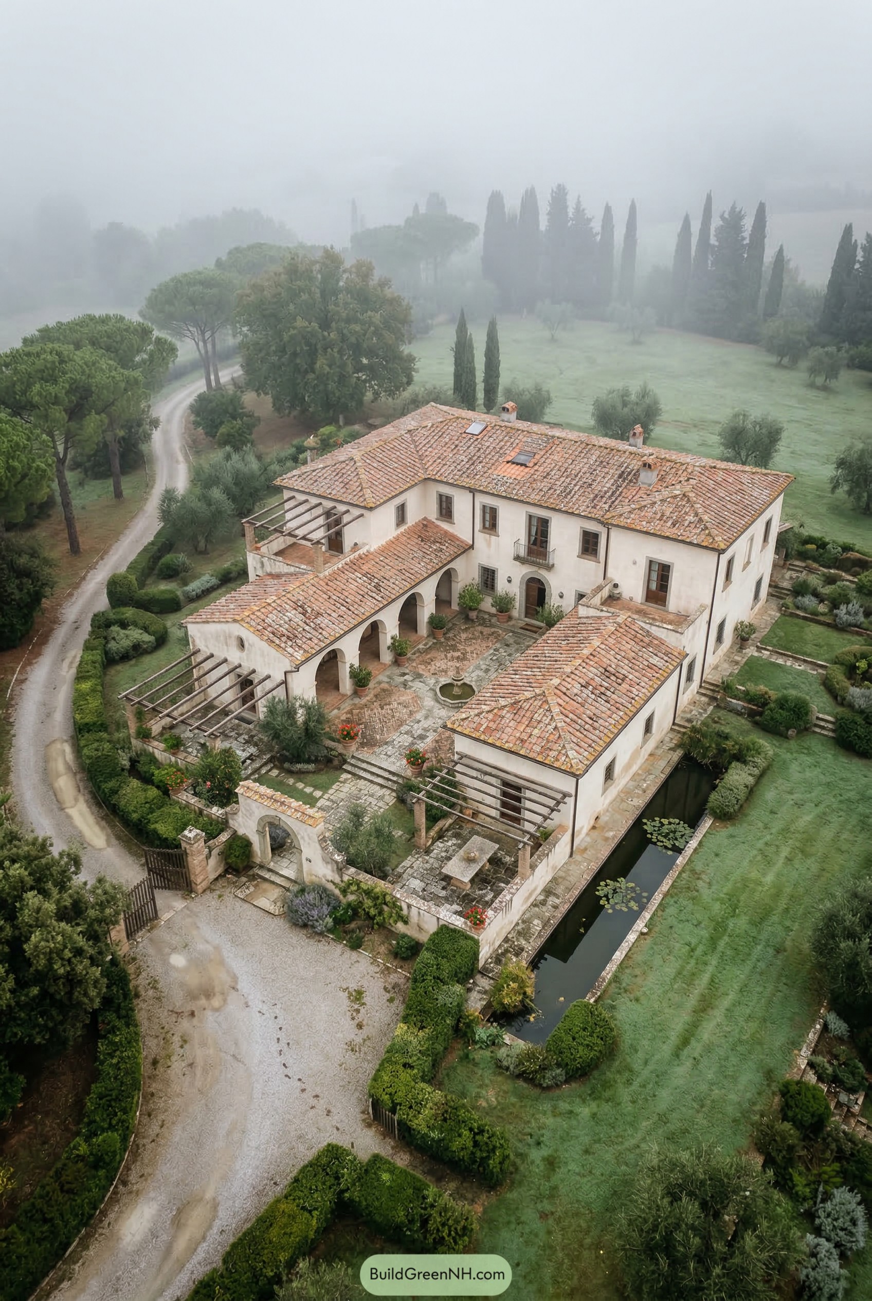 Aerial Tuscan villa with courtyard and reflecting pool