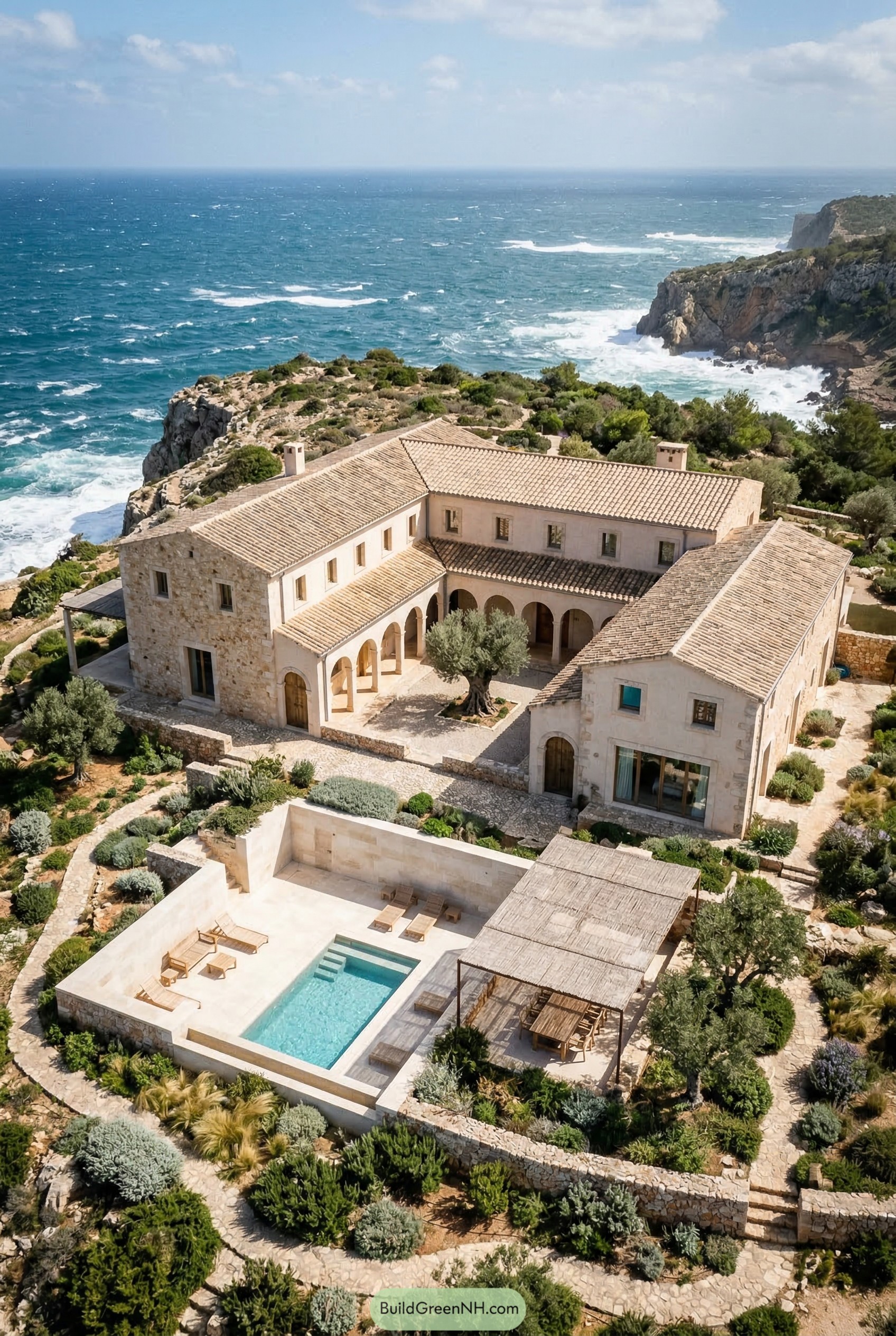 Coastal stone mansion with central courtyard and pool