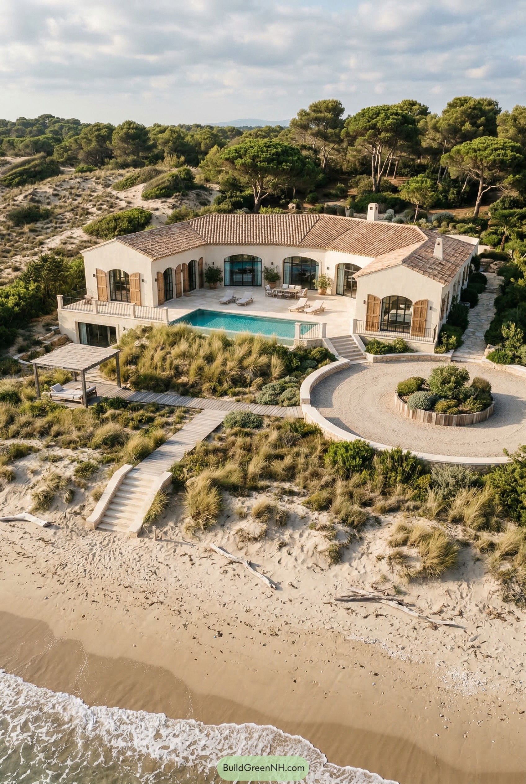 Beachfront stucco villa with pool and boardwalk