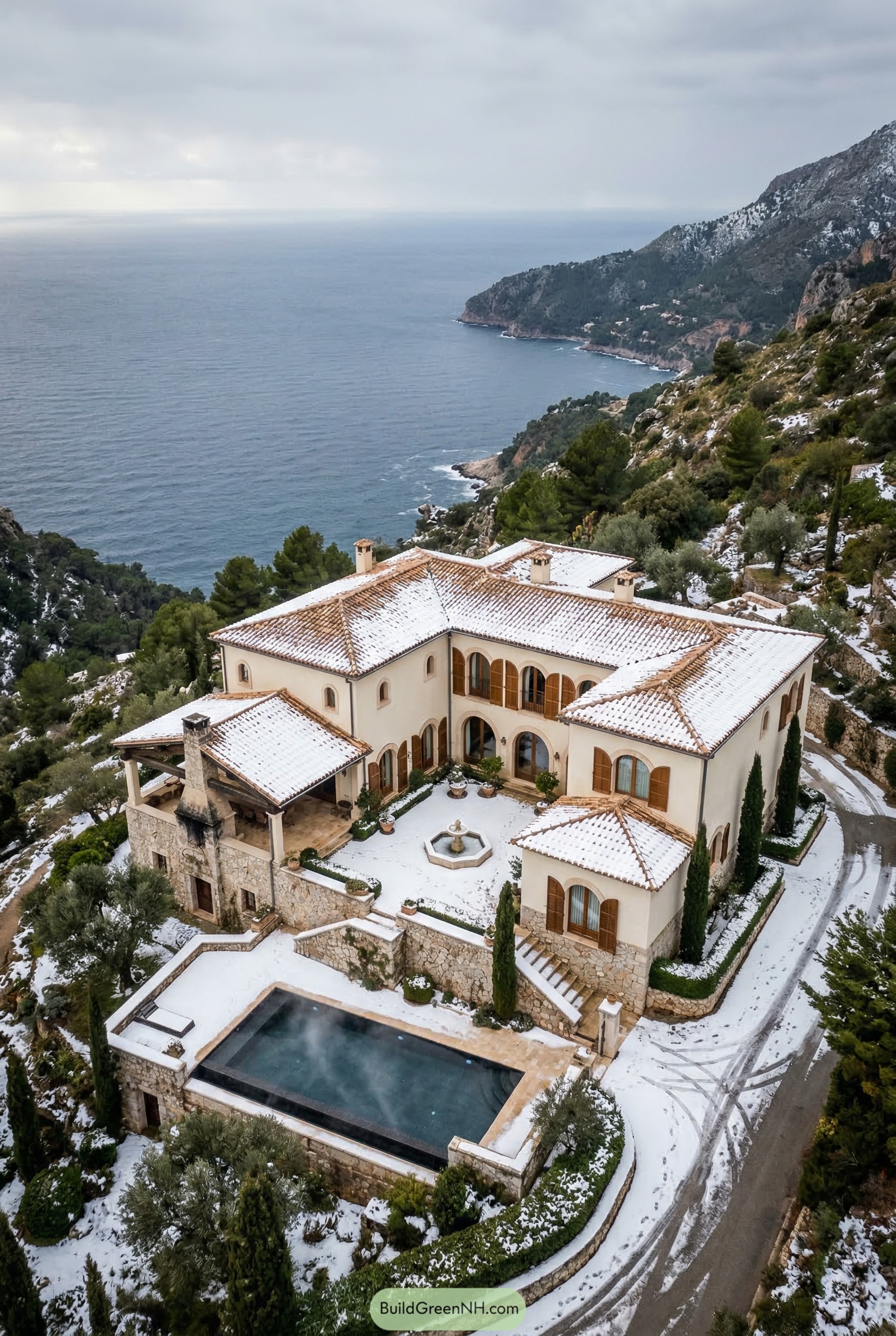 Snow-dusted Mediterranean mansion with courtyard and pool above the sea