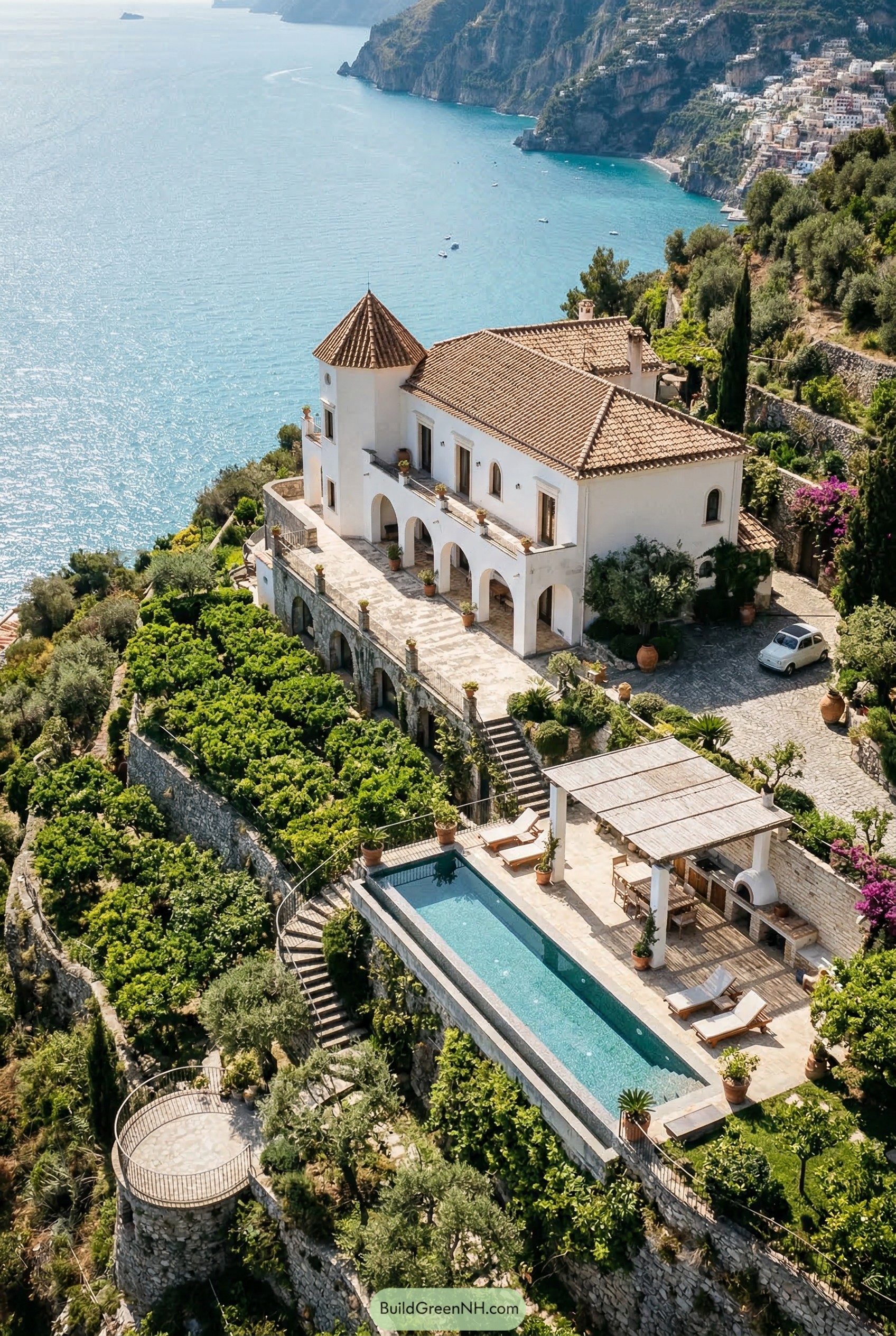 White cliffside mansion with tower pool and sea terraces
