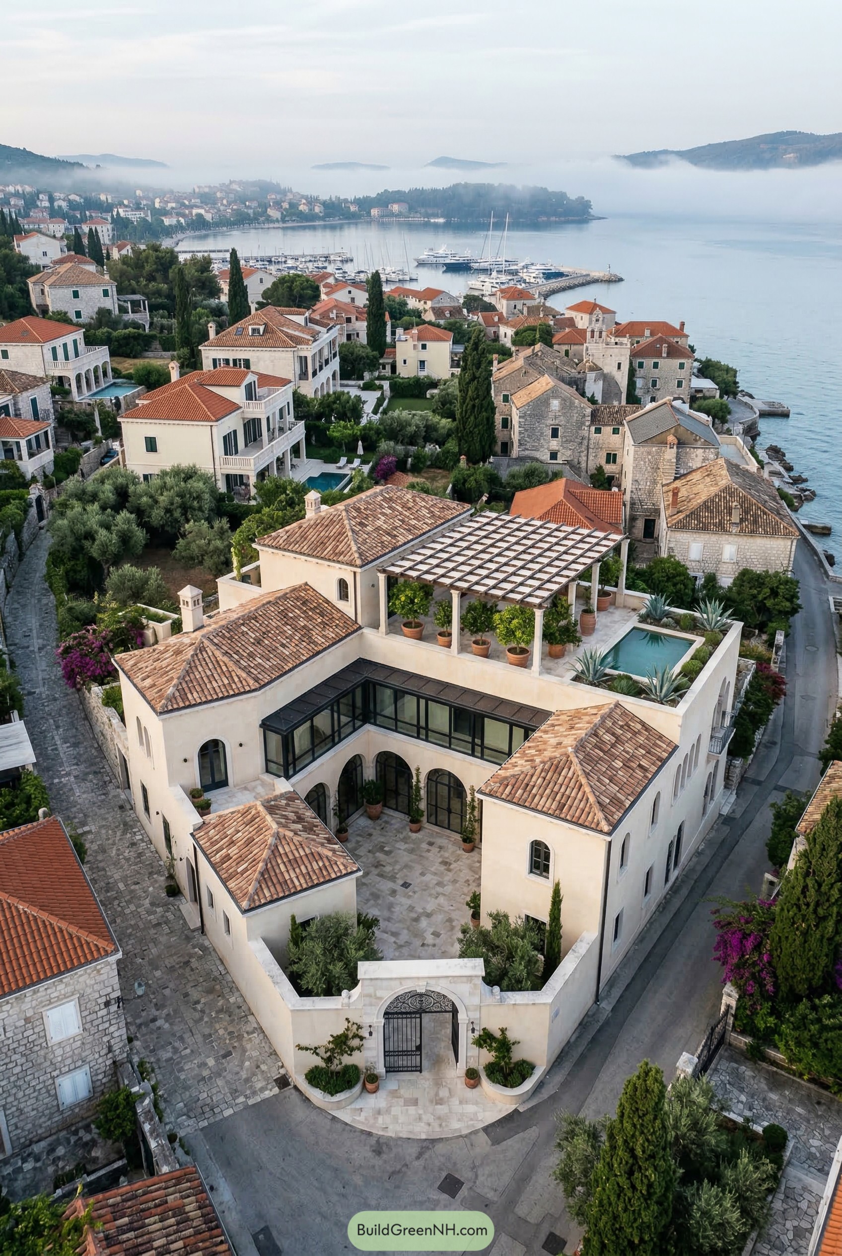 Seaside Mediterranean mansion with rooftop pergola and pool