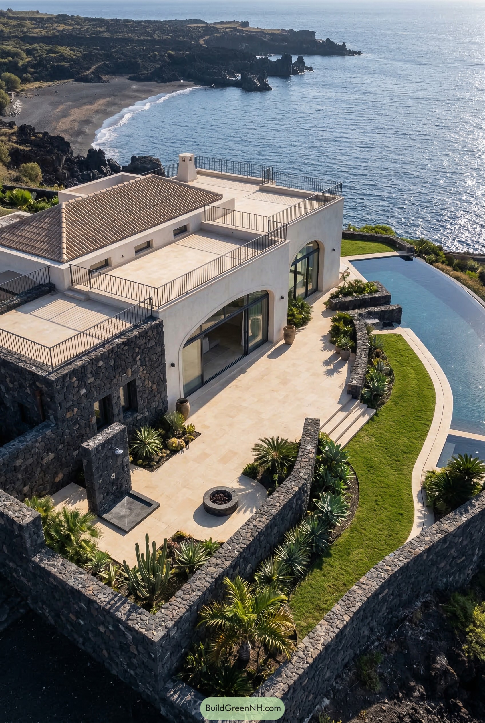 Mediterranean mansion with arched windows rooftop terraces and infinity pool above a rocky bay