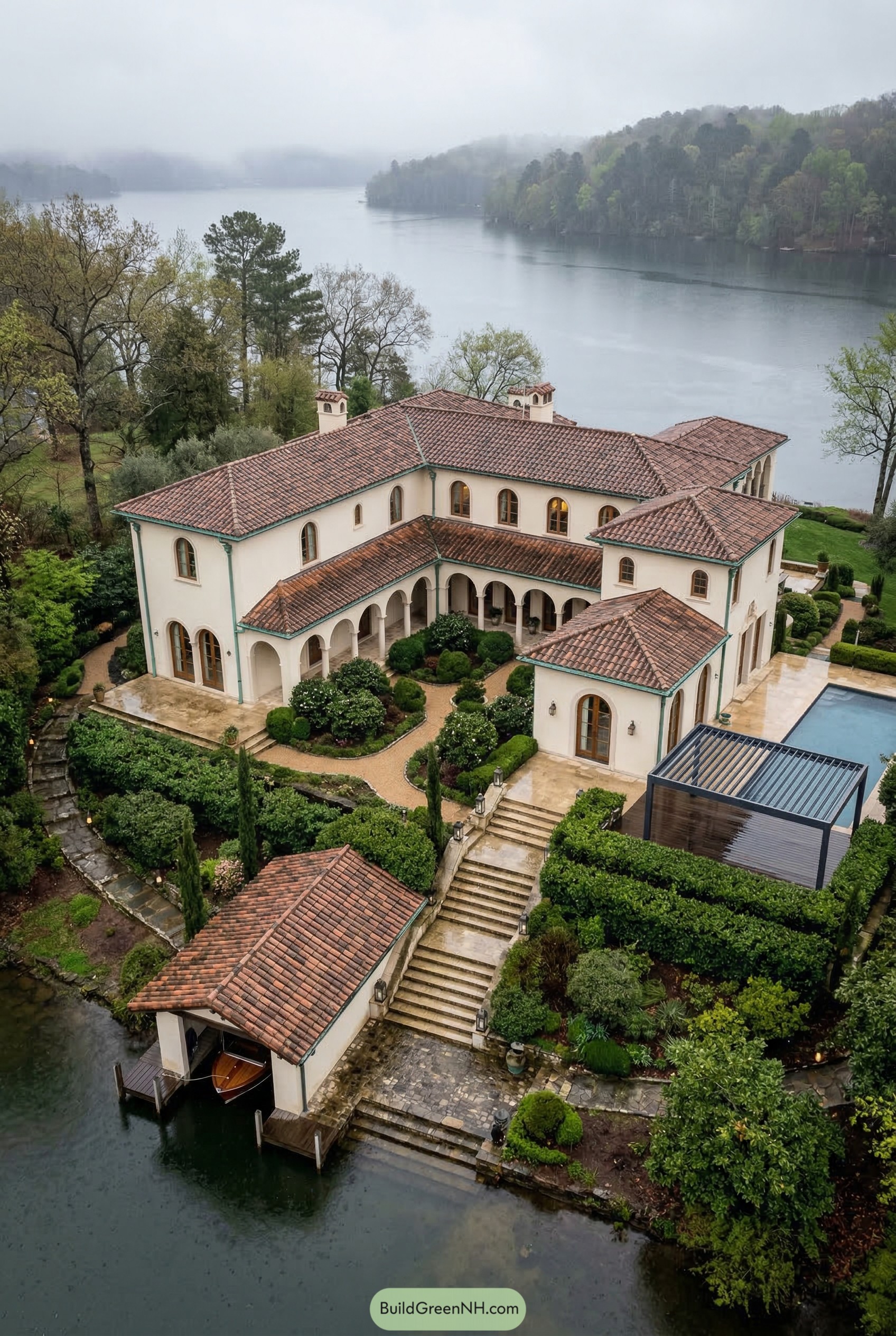 Lakeside Mediterranean mansion with tiled roofs and courtyard