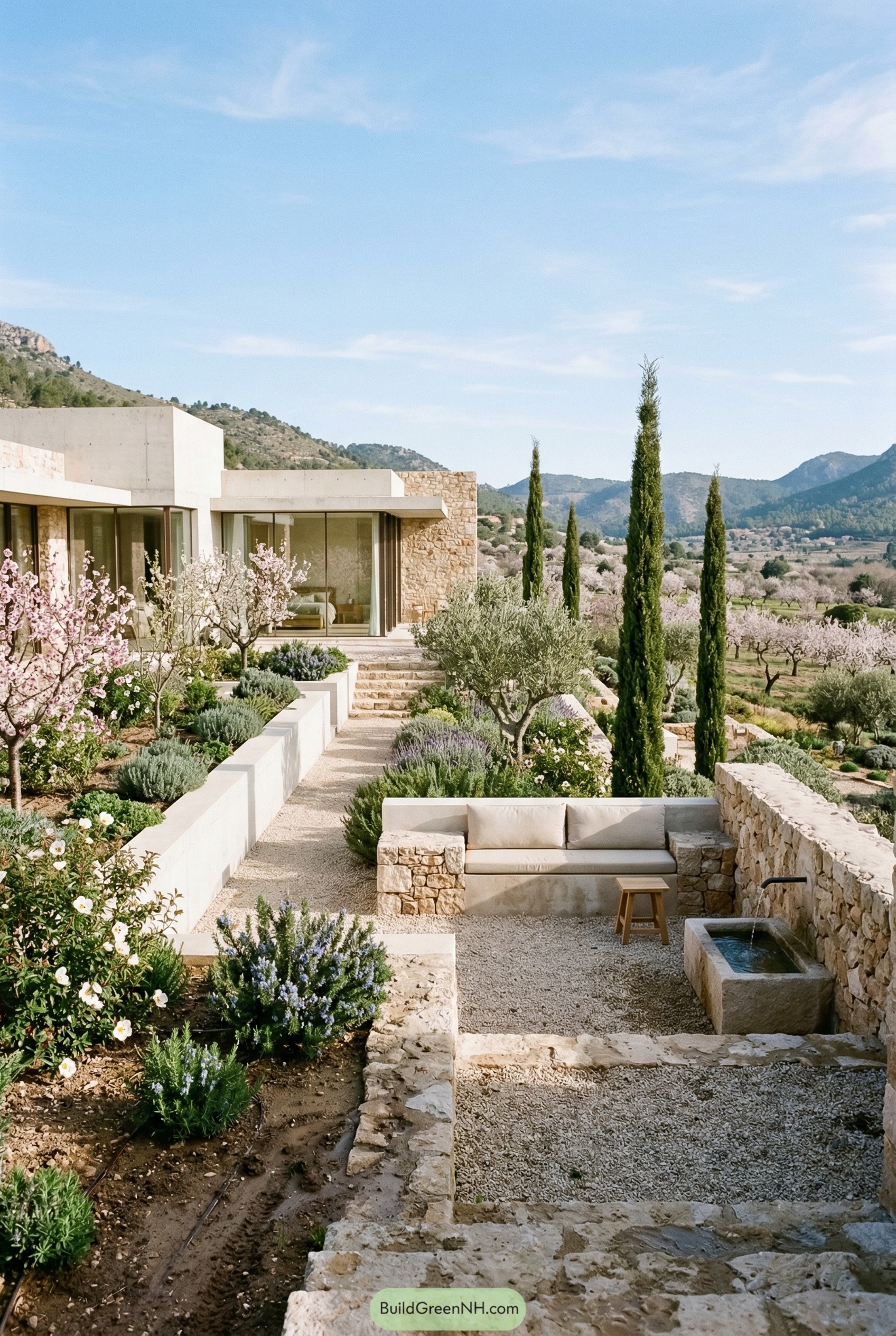 Modern Mediterranean terraced garden with cypress and stone seating